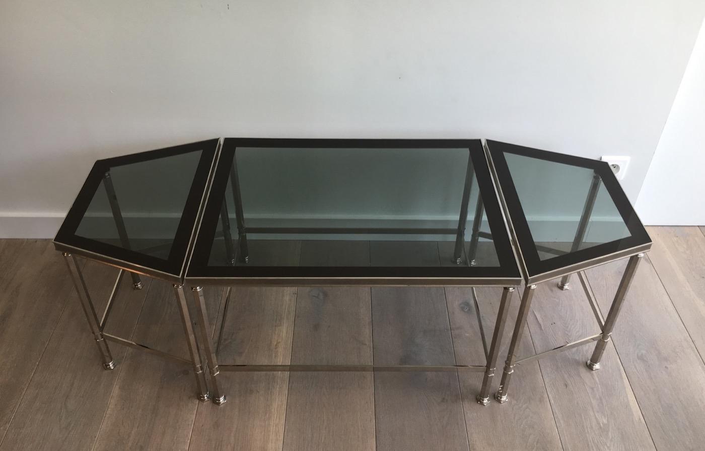 Rare Nickeled Tripartie Coffee Table with Glass Tops Lacquered All Around For Sale 5