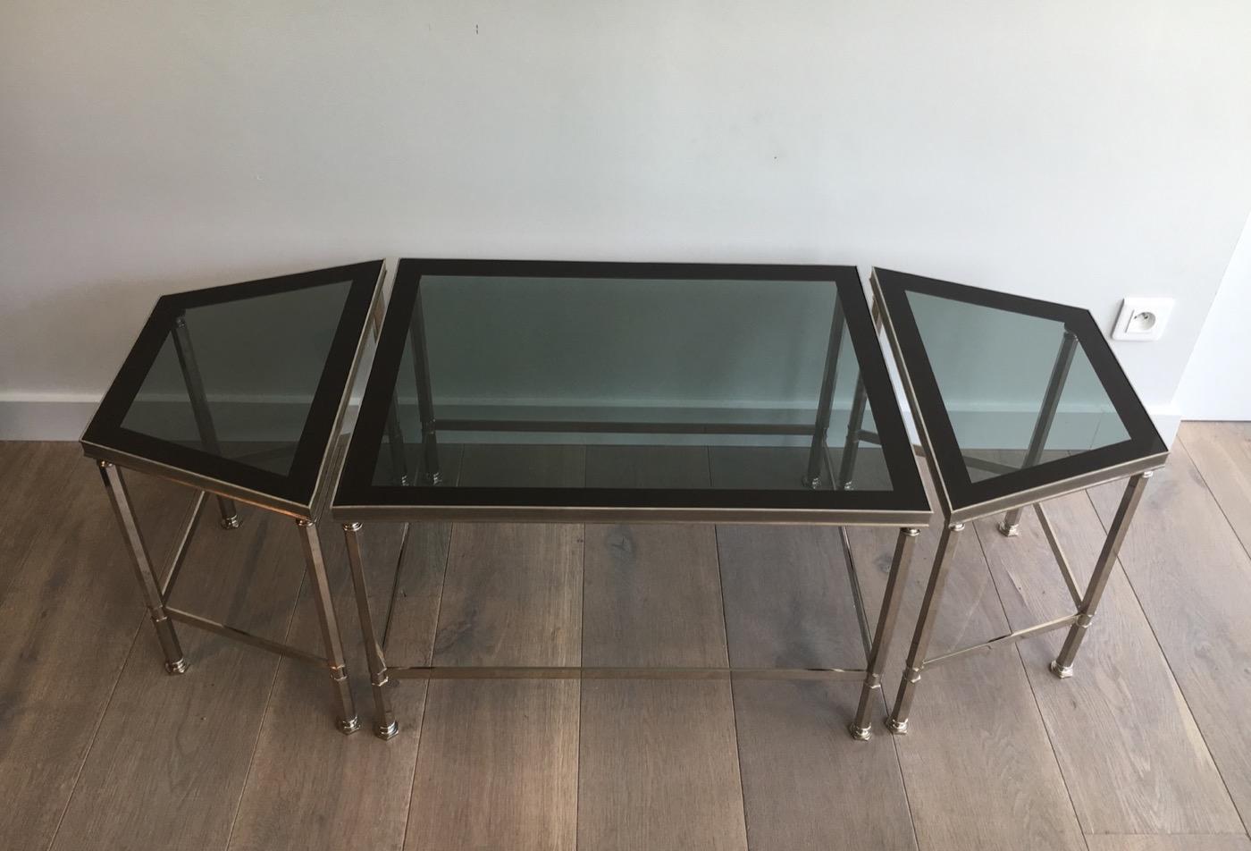 Rare Nickeled Tripartie Coffee Table with Glass Tops Lacquered All Around For Sale 7