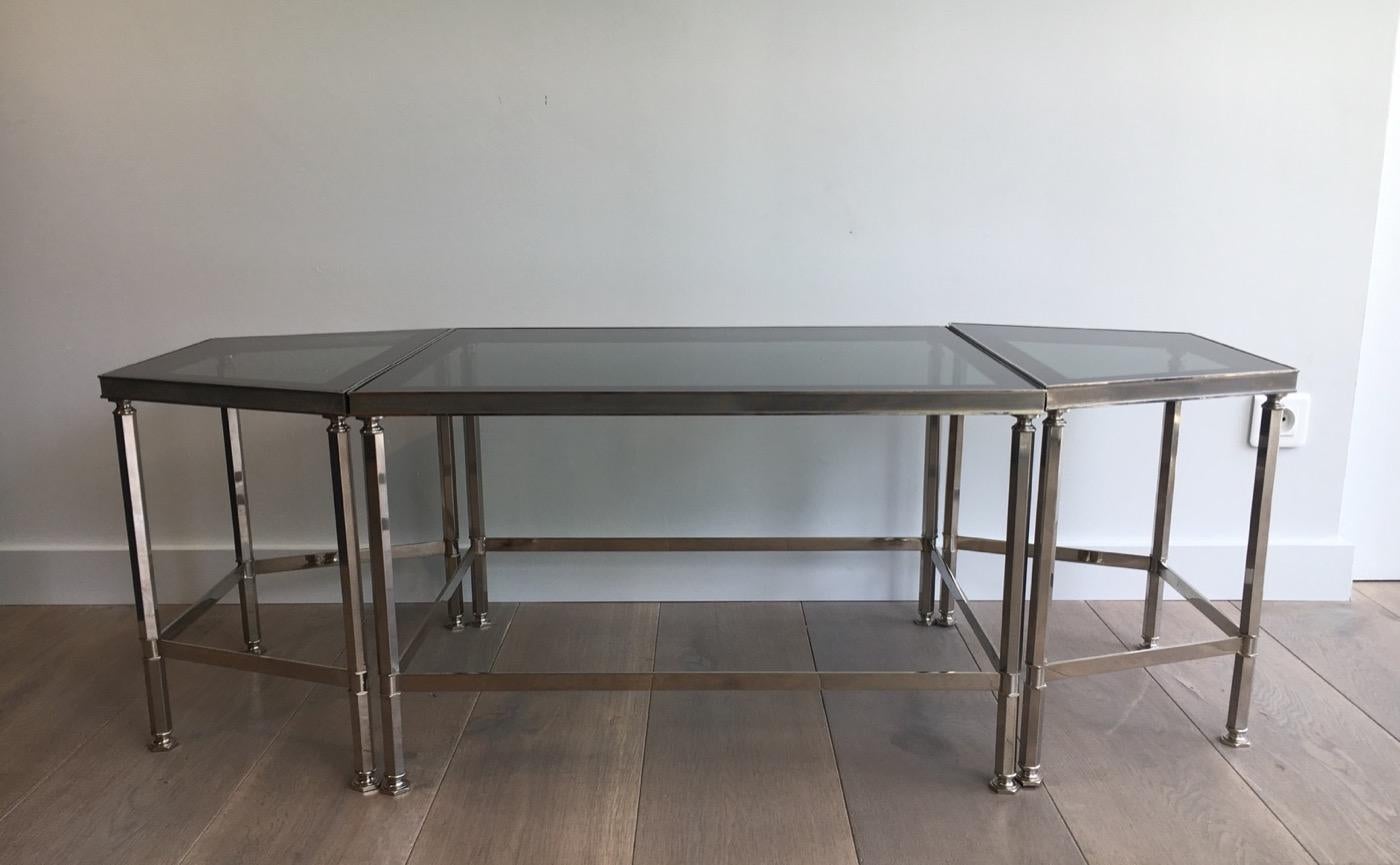 Rare Nickeled Tripartie Coffee Table with Glass Tops Lacquered All Around For Sale 8