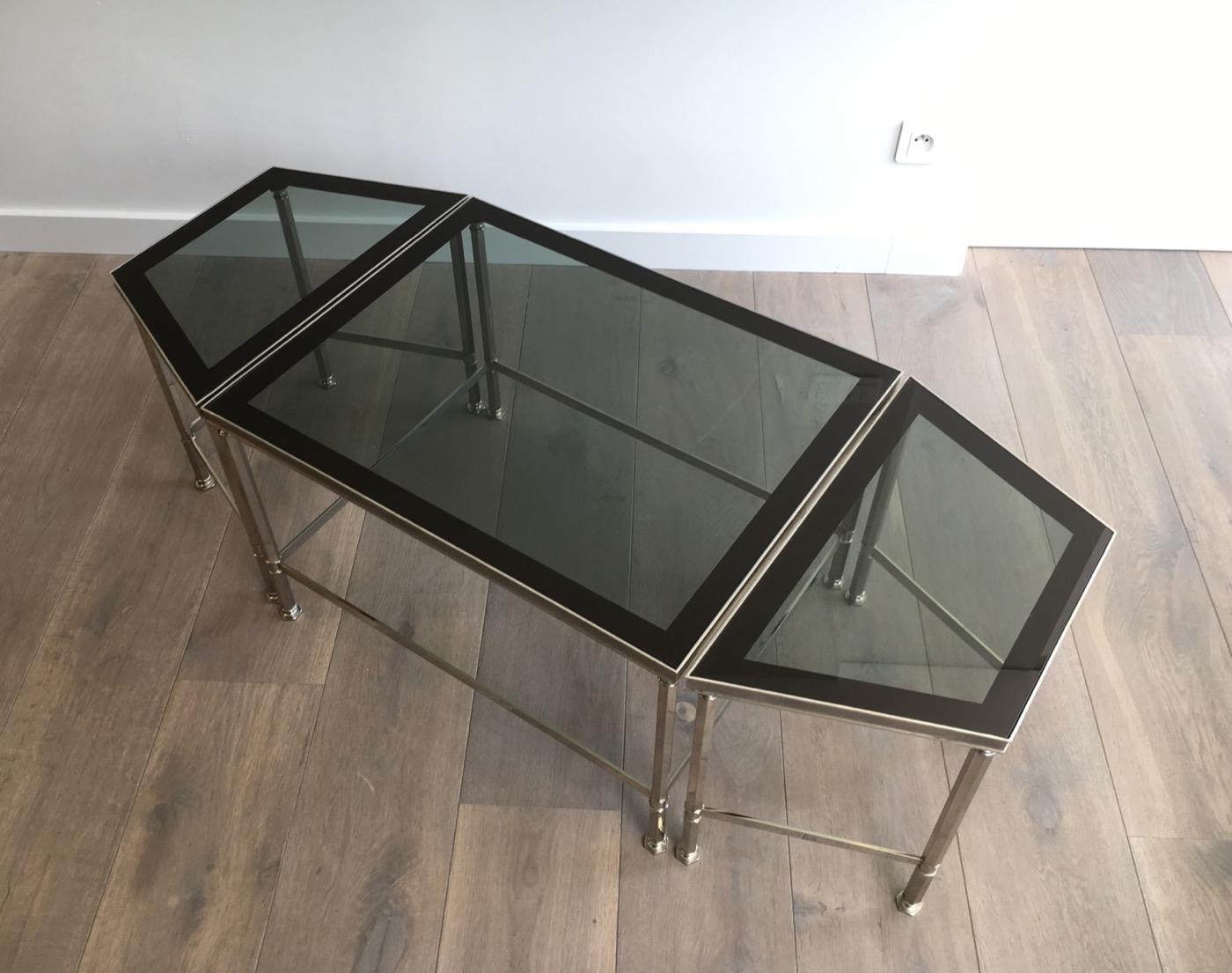 Rare Nickeled Tripartie Coffee Table with Glass Tops Lacquered All Around For Sale 9