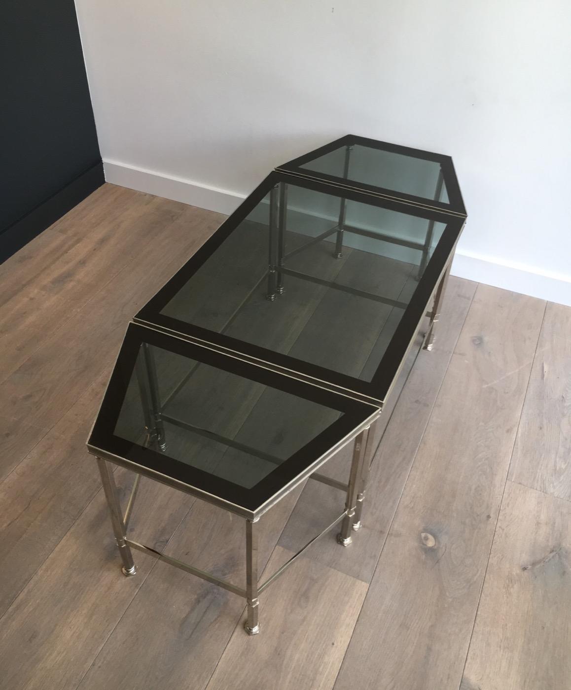 Neoclassical Rare Nickeled Tripartie Coffee Table with Glass Tops Lacquered All Around