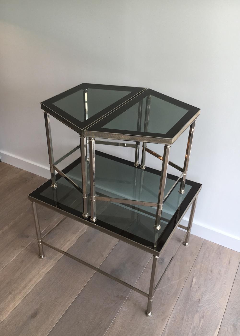 Rare Nickeled Tripartie Coffee Table with Glass Tops Lacquered All Around For Sale 1