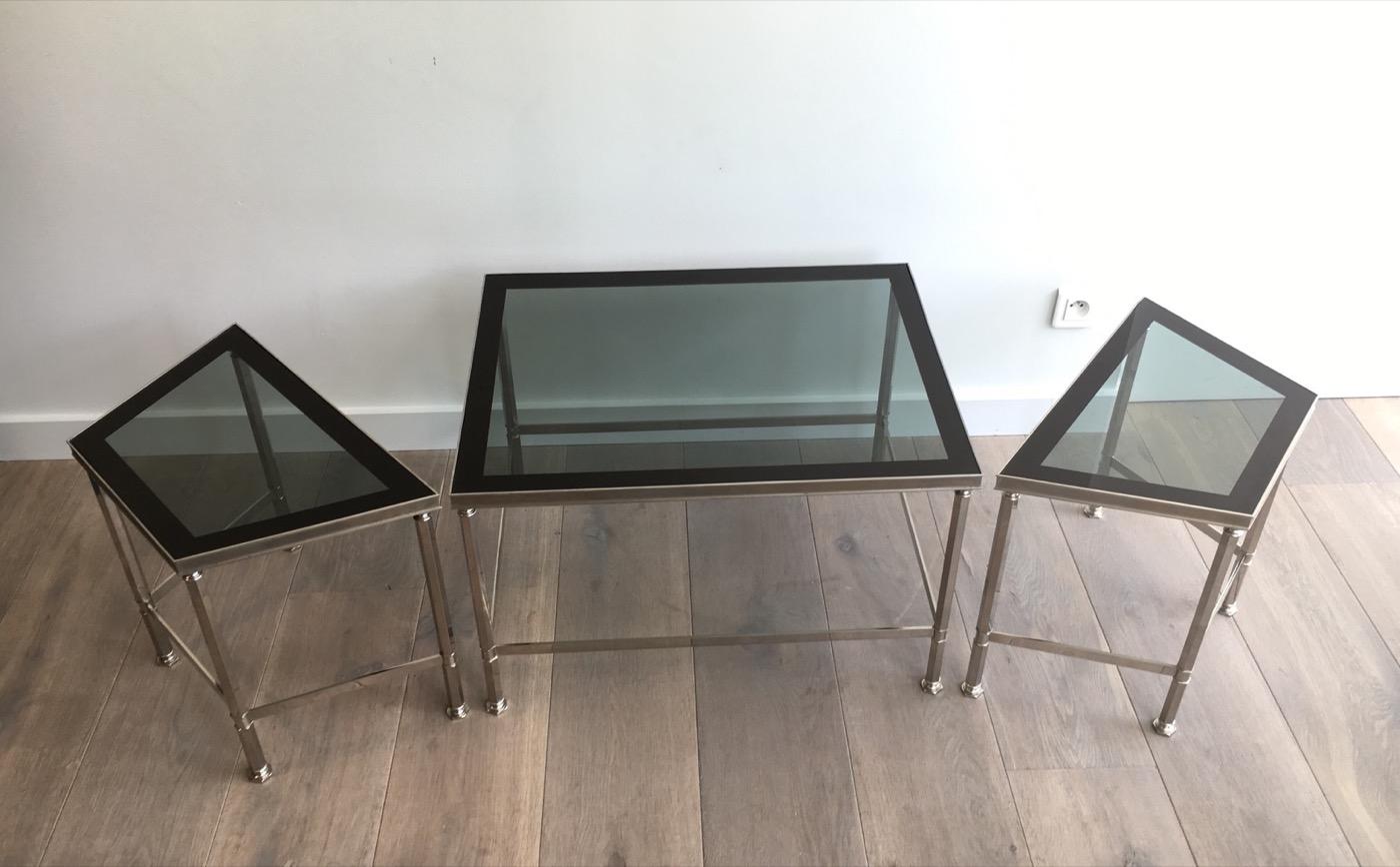Rare Nickeled Tripartie Coffee Table with Glass Tops Lacquered All Around 2