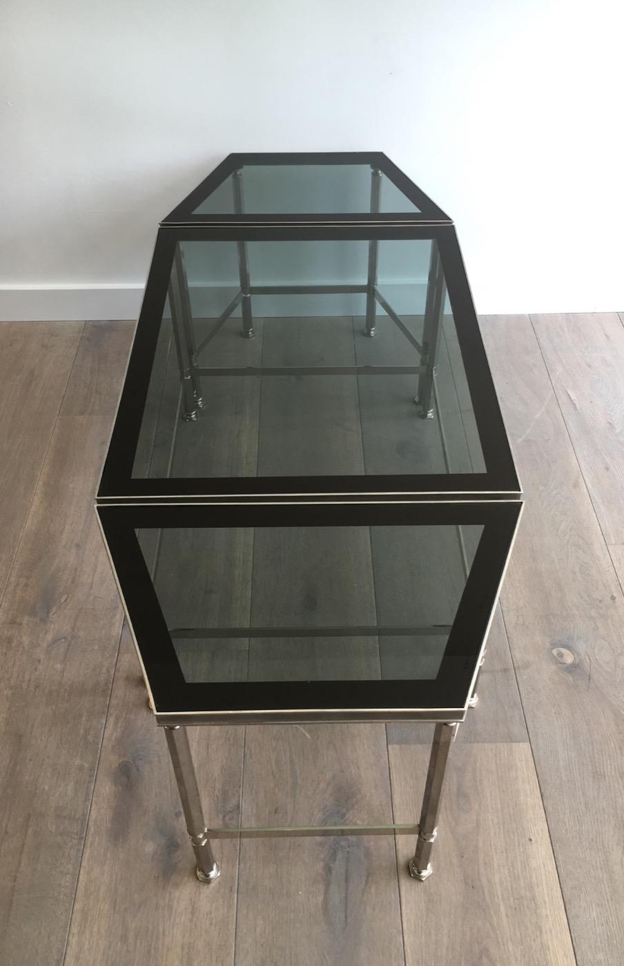 Rare Nickeled Tripartite Coffee Table with Glass Tops Lacquered All Around For Sale 11