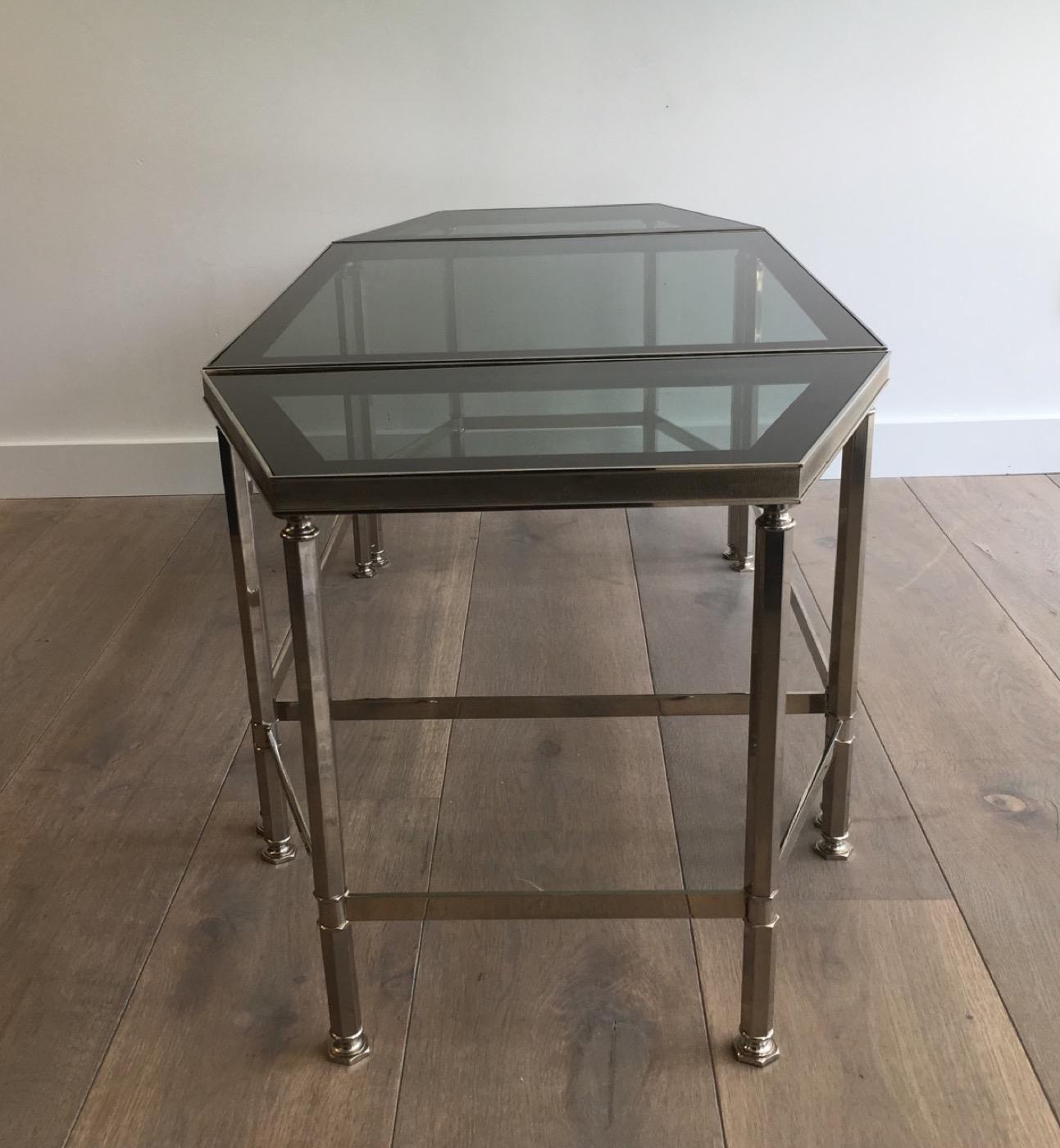 Rare Nickeled Tripartite Coffee Table with Glass Tops Lacquered All Around For Sale 12