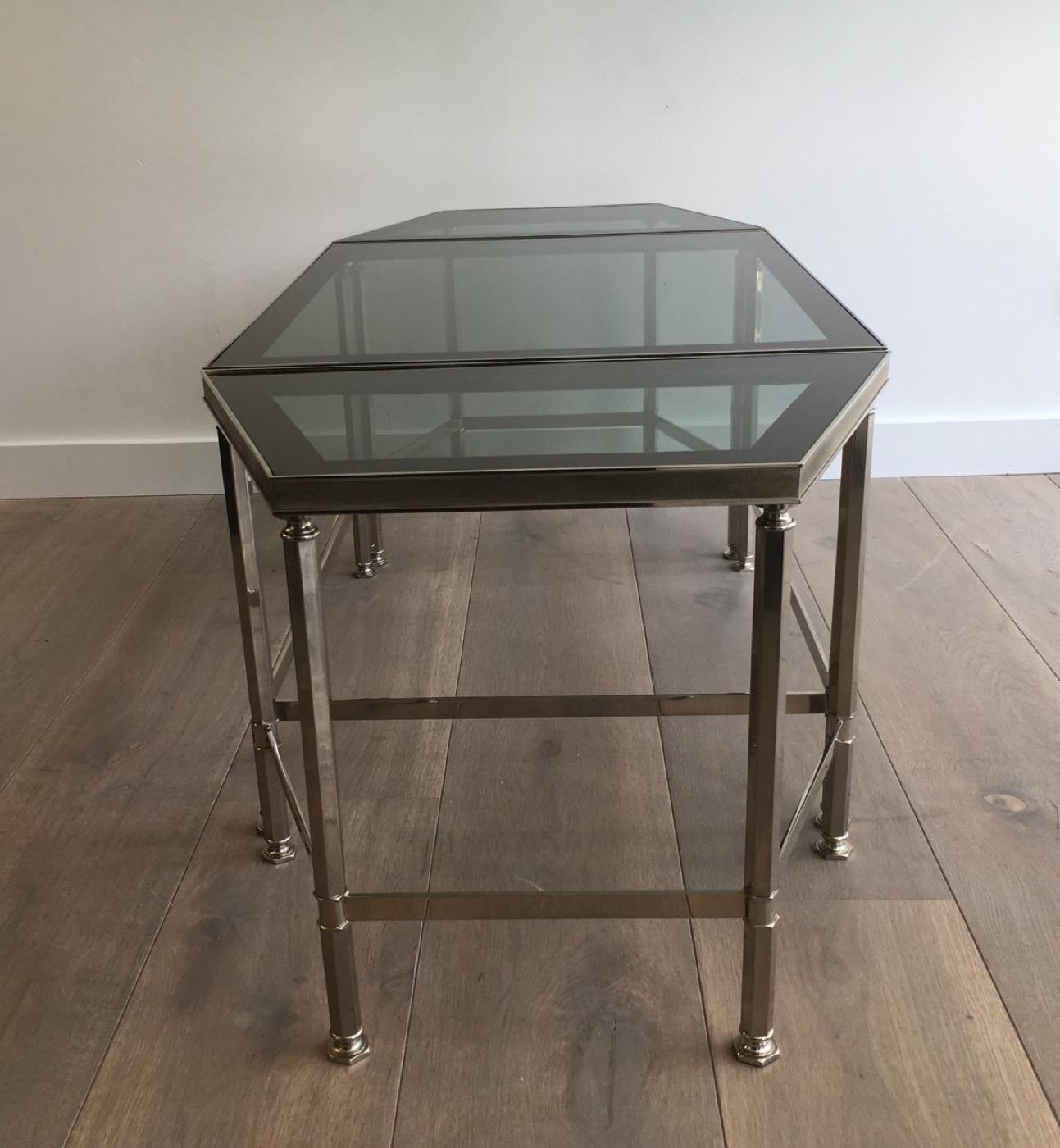 Rare Nickeled Tripartite Coffee Table with Glass Tops Lacquered All Around 12