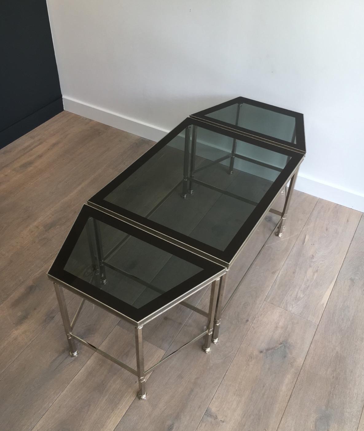 Rare Nickeled Tripartite Coffee Table with Glass Tops Lacquered All Around For Sale 14