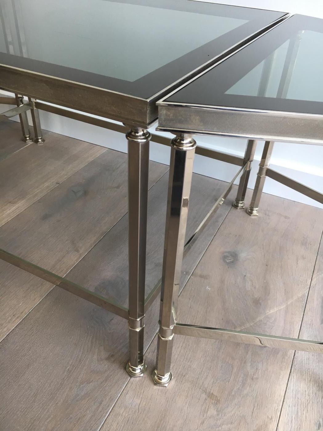 French Rare Nickeled Tripartite Coffee Table with Glass Tops Lacquered All Around