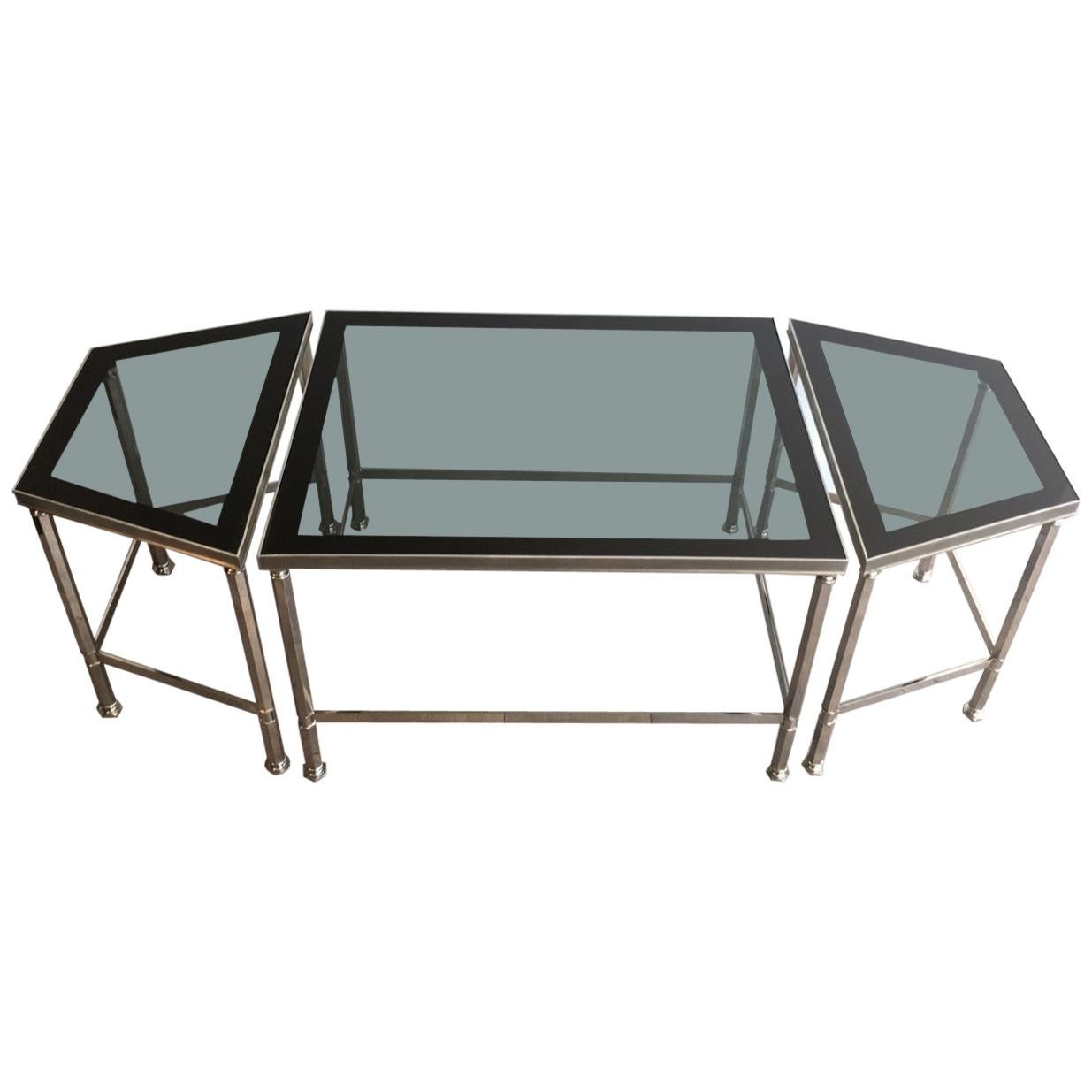 Rare Nickeled Tripartite Coffee Table with Glass Tops Lacquered All Around For Sale