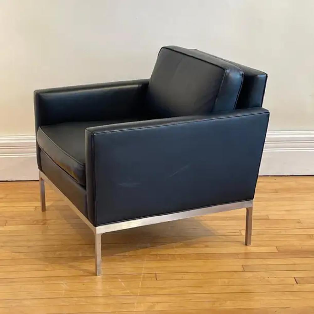 Rare Nicos Zographos Black Leather -Brushed Aiiminum Parsons Club Chairs 4 AVAIL In Good Condition For Sale In Hudson, NY