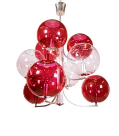 1960 Italy Sputnik Chandelier Cranberry Murano Glass Globes & Silver-Plated
