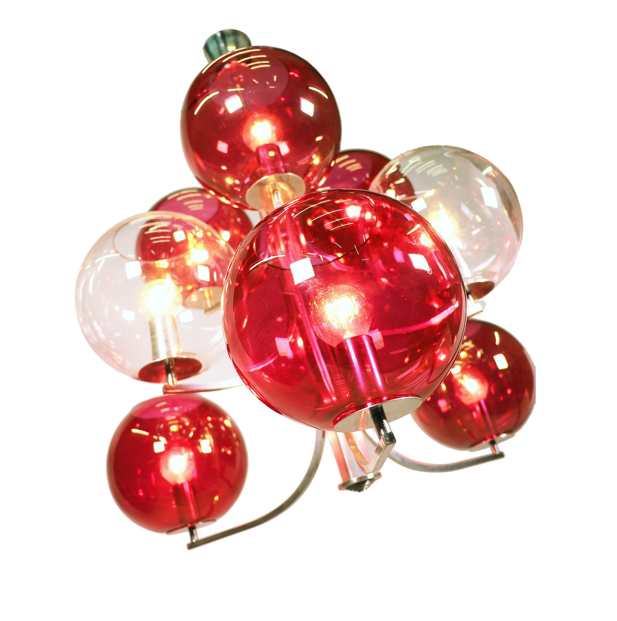 Mid-Century Modern 1960 Italy Sputnik Chandelier Cranberry Murano Glass Globes & Silver-Plated For Sale