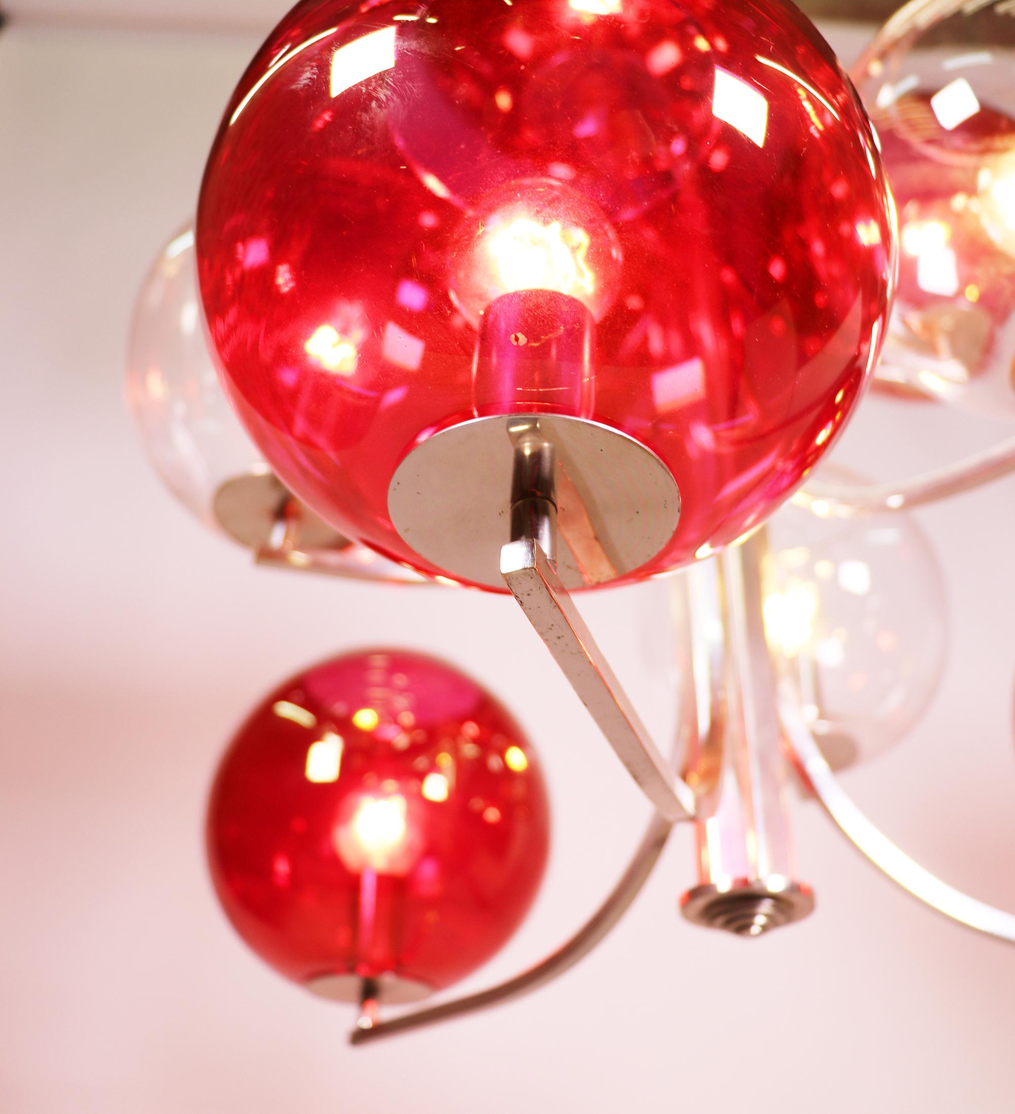 Italian 1960 Italy Sputnik Chandelier Cranberry Murano Glass Globes & Silver-Plated For Sale