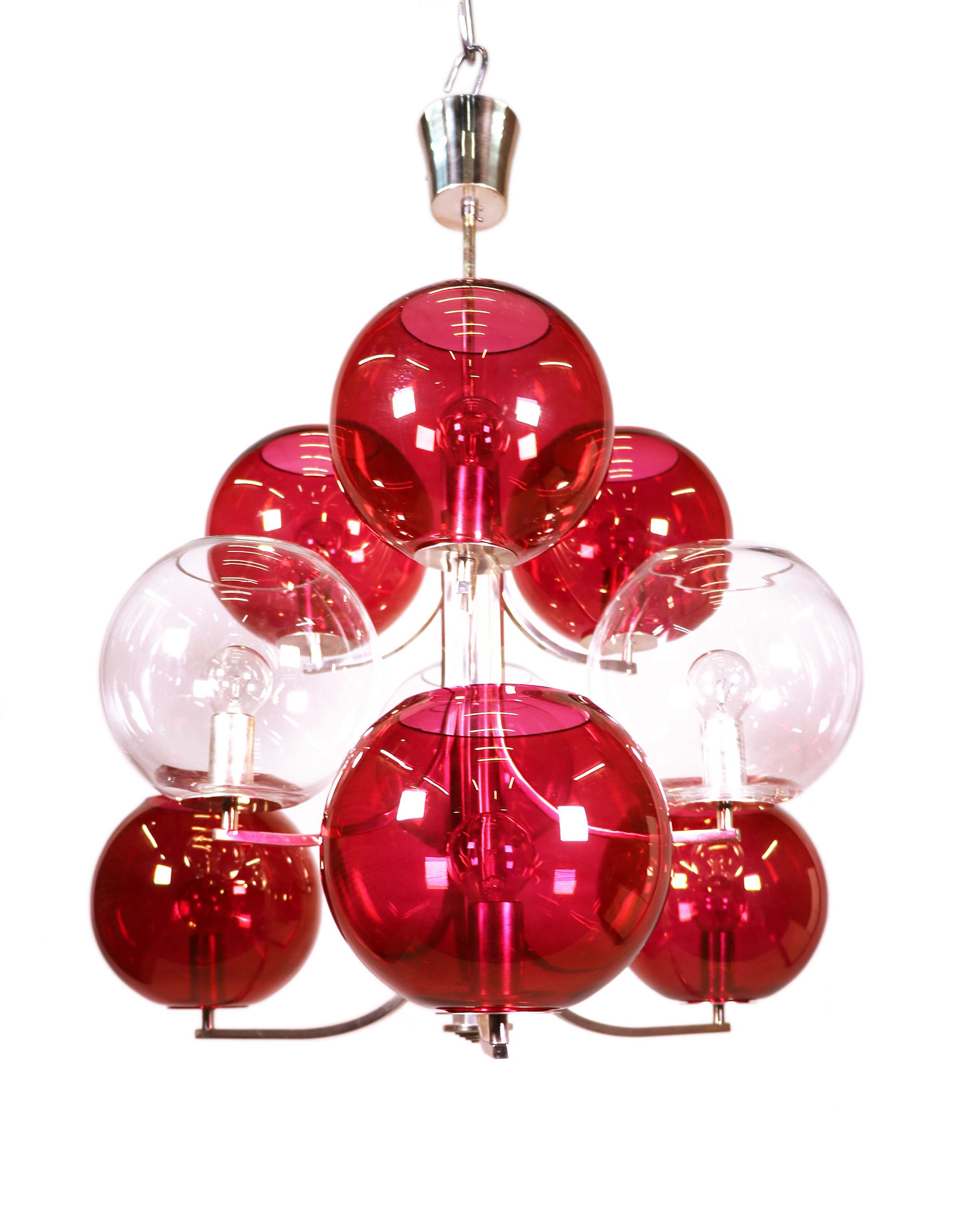 Mid-20th Century 1960 Italy Sputnik Chandelier Cranberry Murano Glass Globes & Silver-Plated For Sale