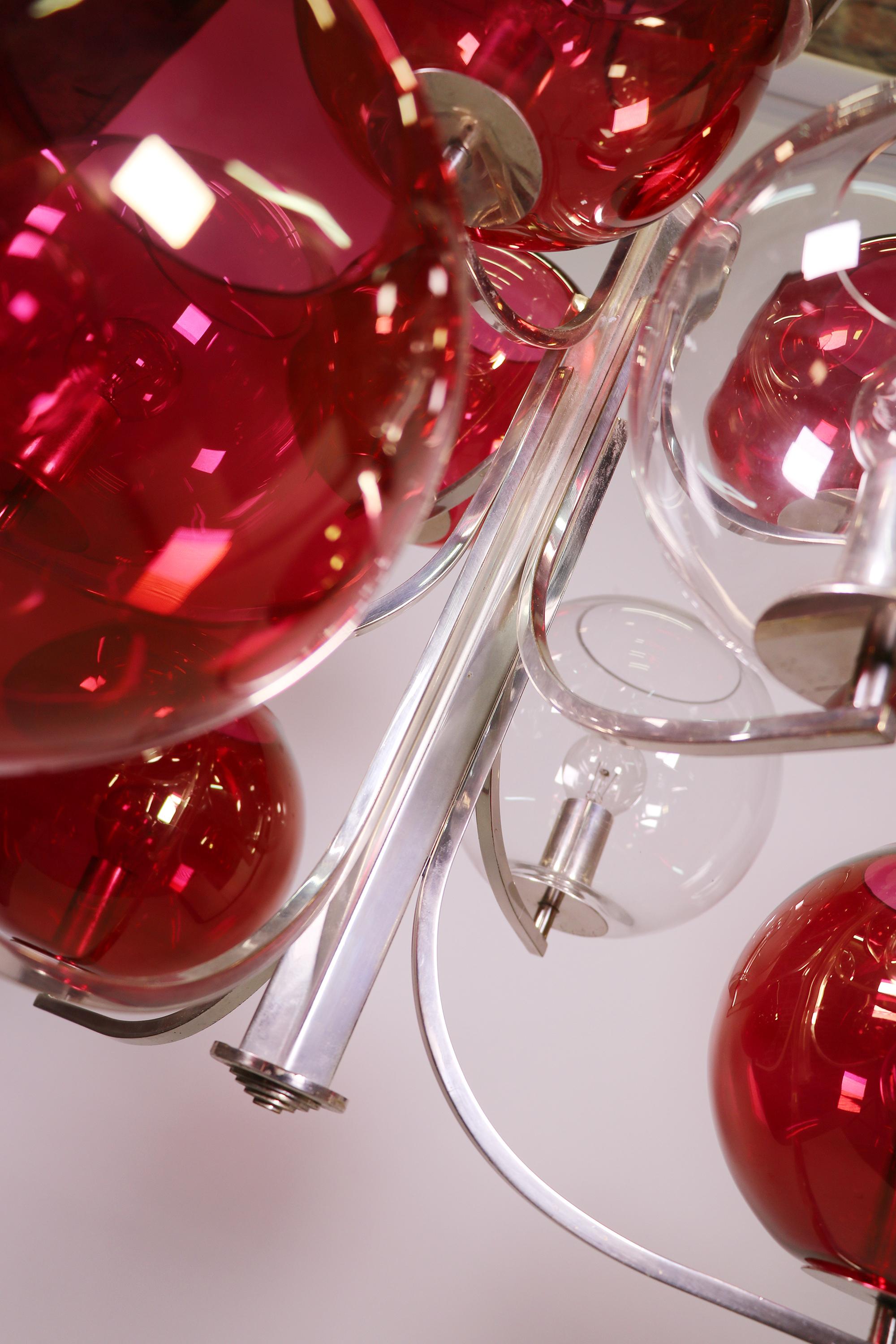 1960 Italy Sputnik Chandelier Cranberry Murano Glass Globes & Silver-Plated For Sale 1