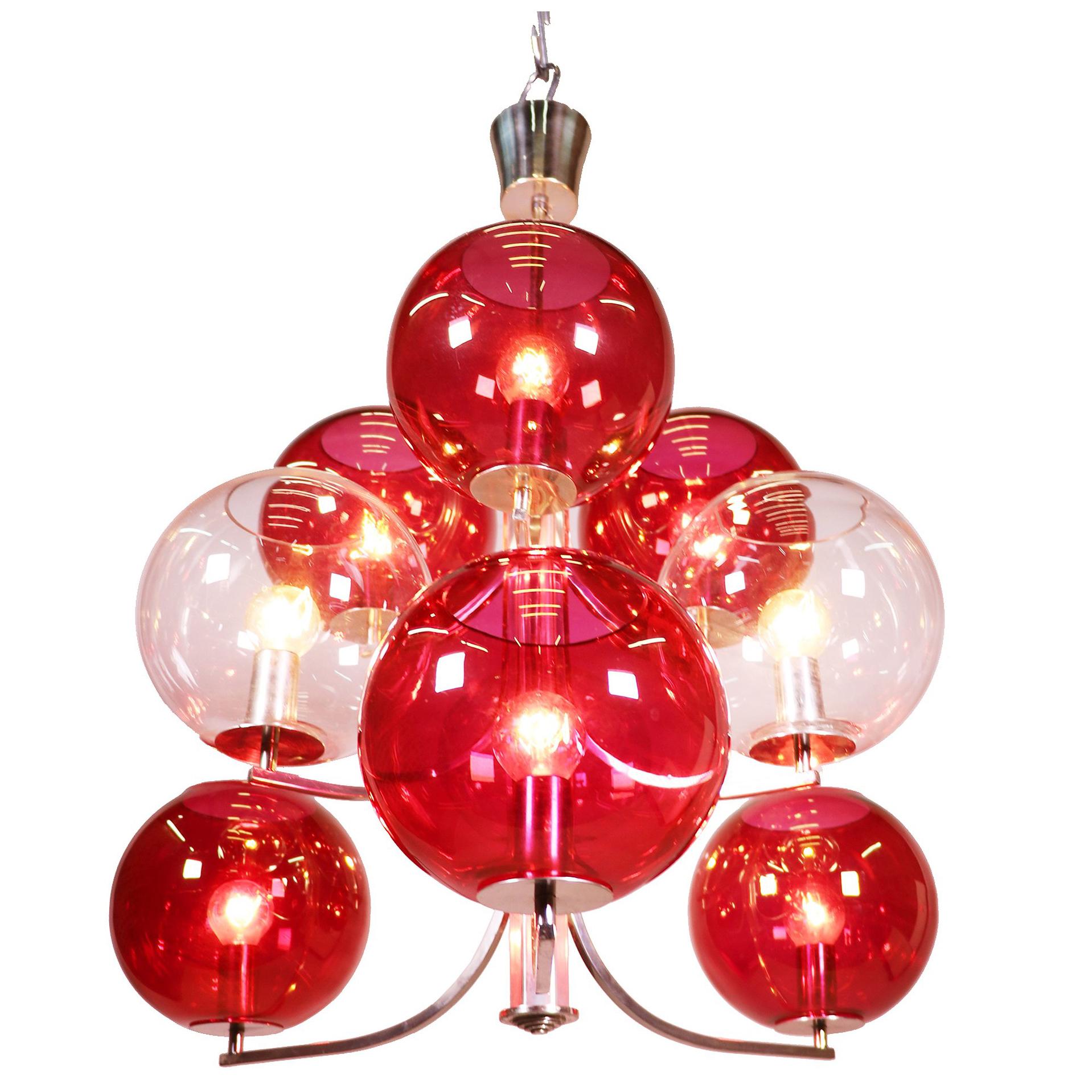 1960 Italy Sputnik Chandelier Cranberry Murano Glass Globes & Silver-Plated For Sale