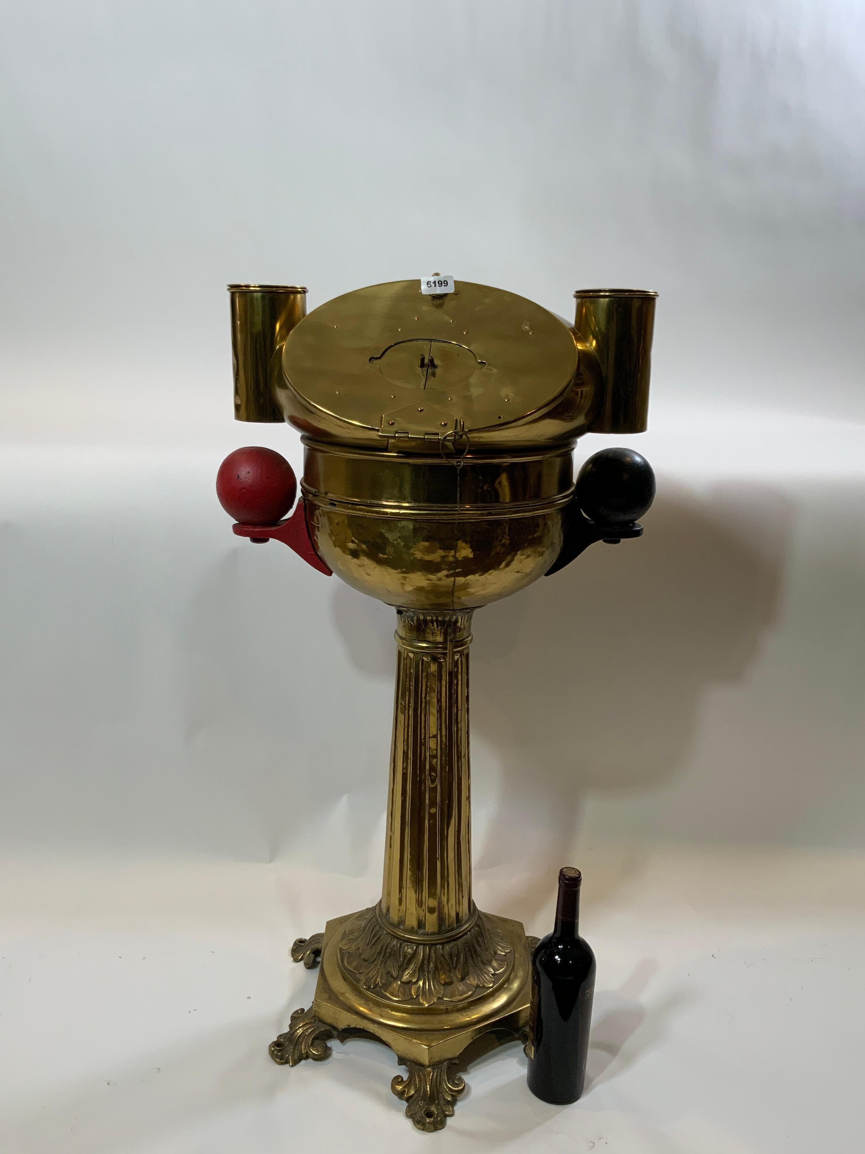 Rare nineteenth century solid brass yacht binnacle with gimballed compass marked with the maker's name Whyte Thomson Companies of 96 Hope St, Glasgow. Compass is polished and lacquered. The ornate base with six feet are pierced with mounting holes.
