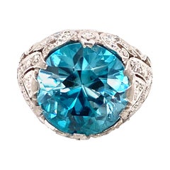 Rare No Heat 11 Carat Blue Zircon Diamond Retro Estate Ring