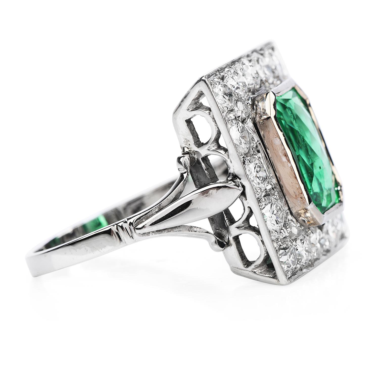 Art Deco Rare No Oil 3.94 Carats GIA Colombian Emerald Diamond Ring