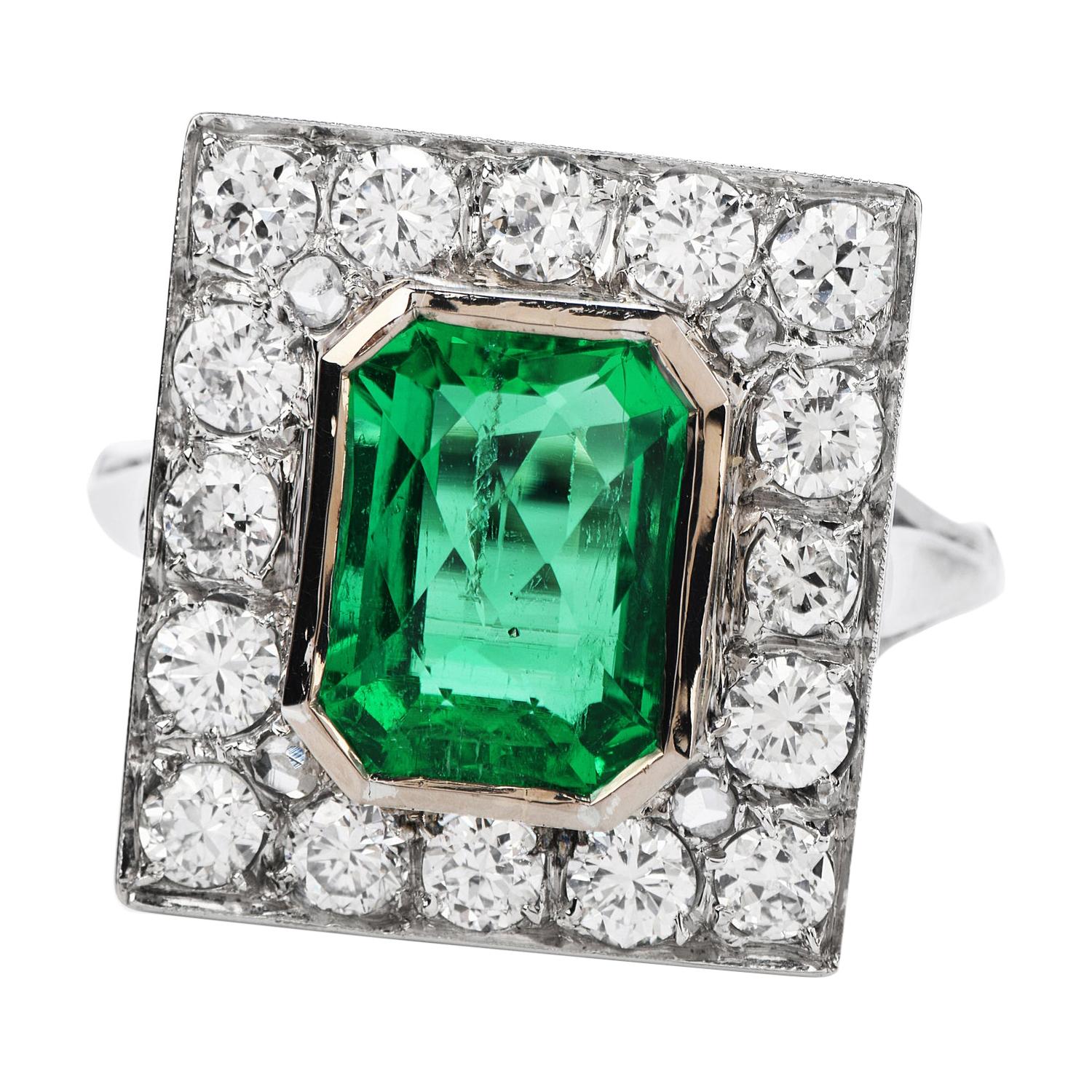 Rare No Oil 3.94 Carats GIA Colombian Emerald Diamond Ring