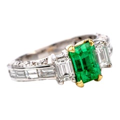 Rare No Oil GIA Emerald Diamond 18 Karat Engagement Three-Stone Ring