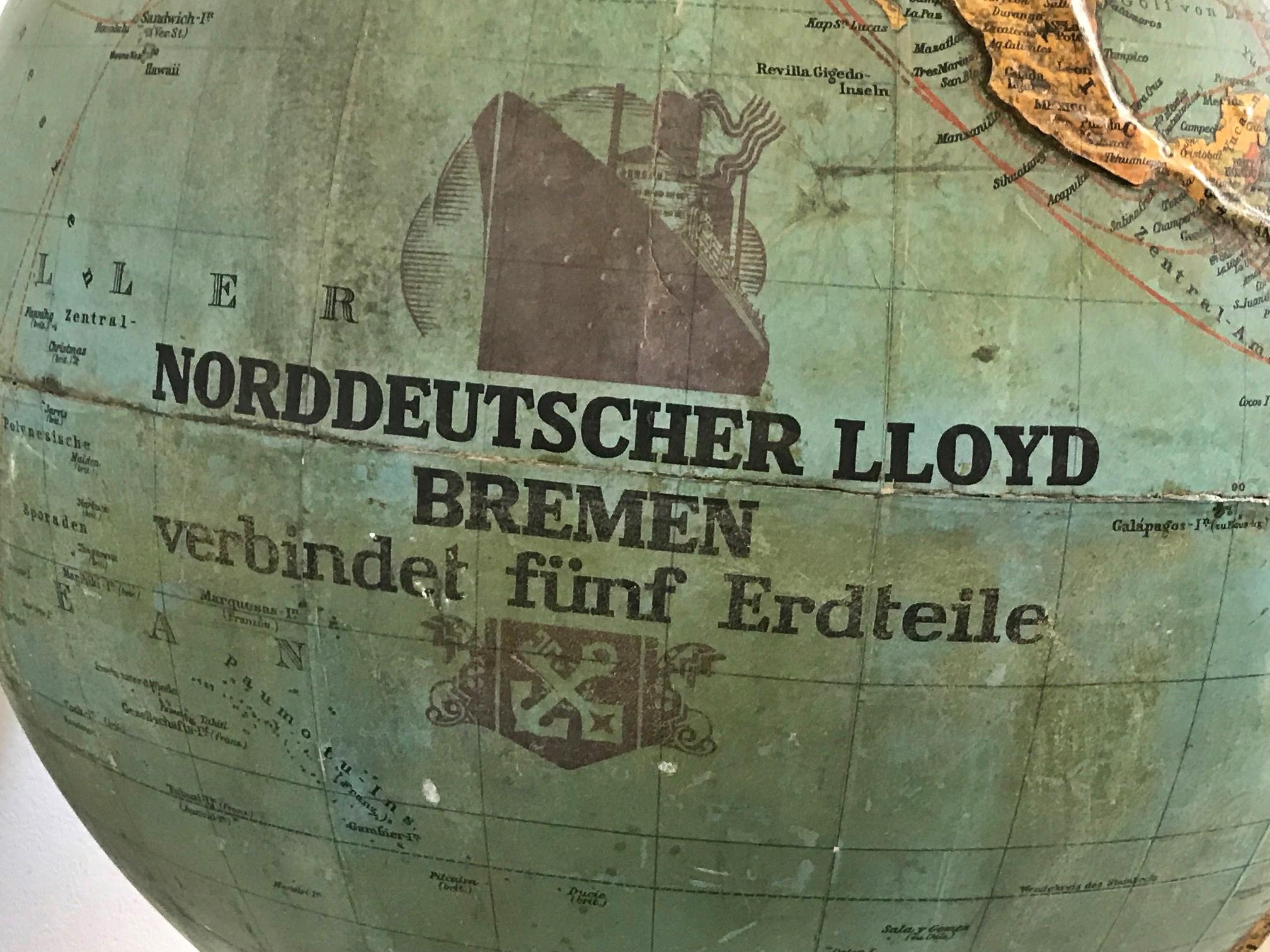 Early 20th Century Rare Norddeutscher North German Lloyd Bremen Relief Globe, circa 1924 For Sale