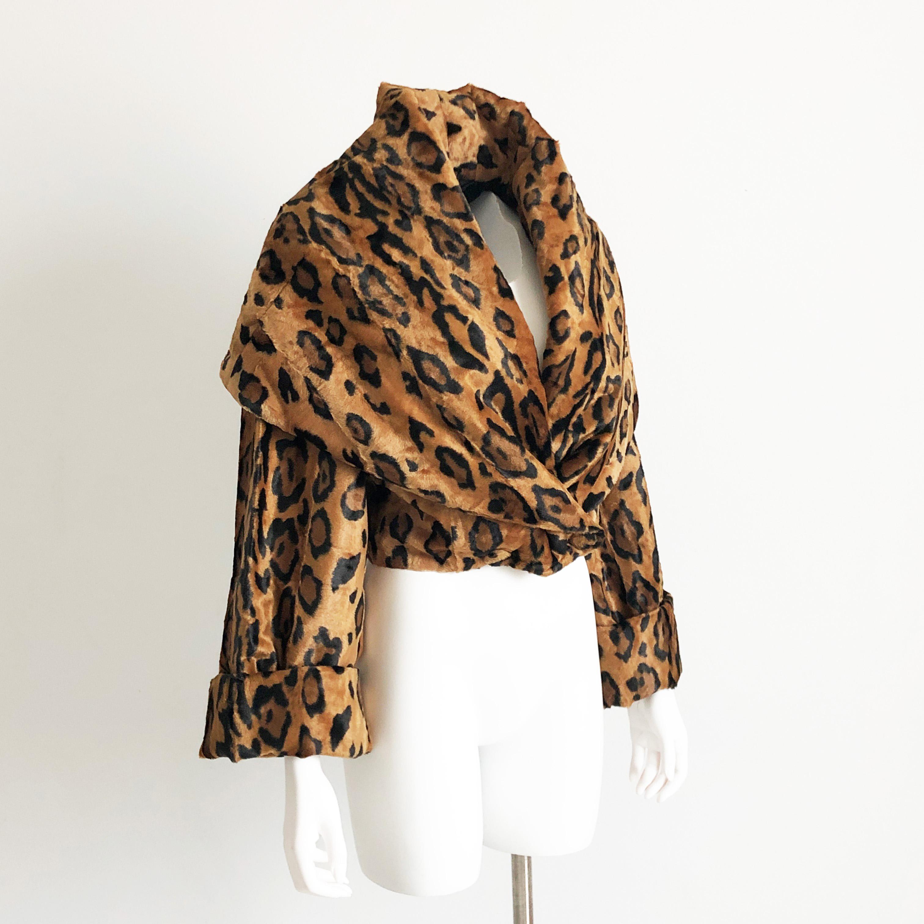 Brown Norma Kamali Jacket Tiger Print Faux Fur with Huge Shawl Collar M Vintage 80s 