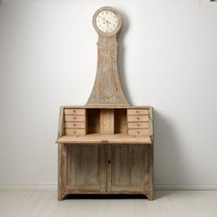 Rare Northern Swedish Antique Pine Secretary Clock Desk