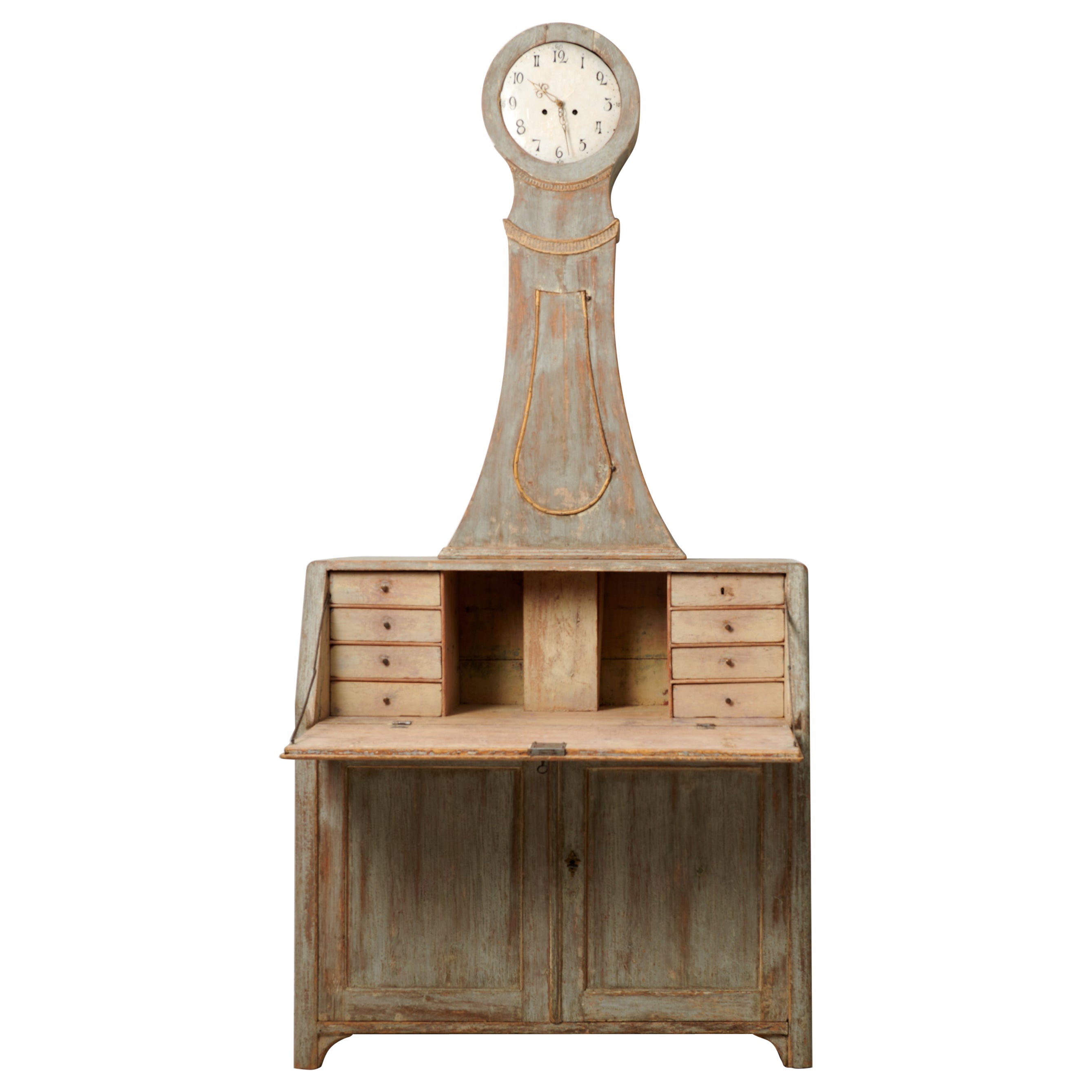 Rare Northern Swedish Antique Pine Secretary Clock Desk
