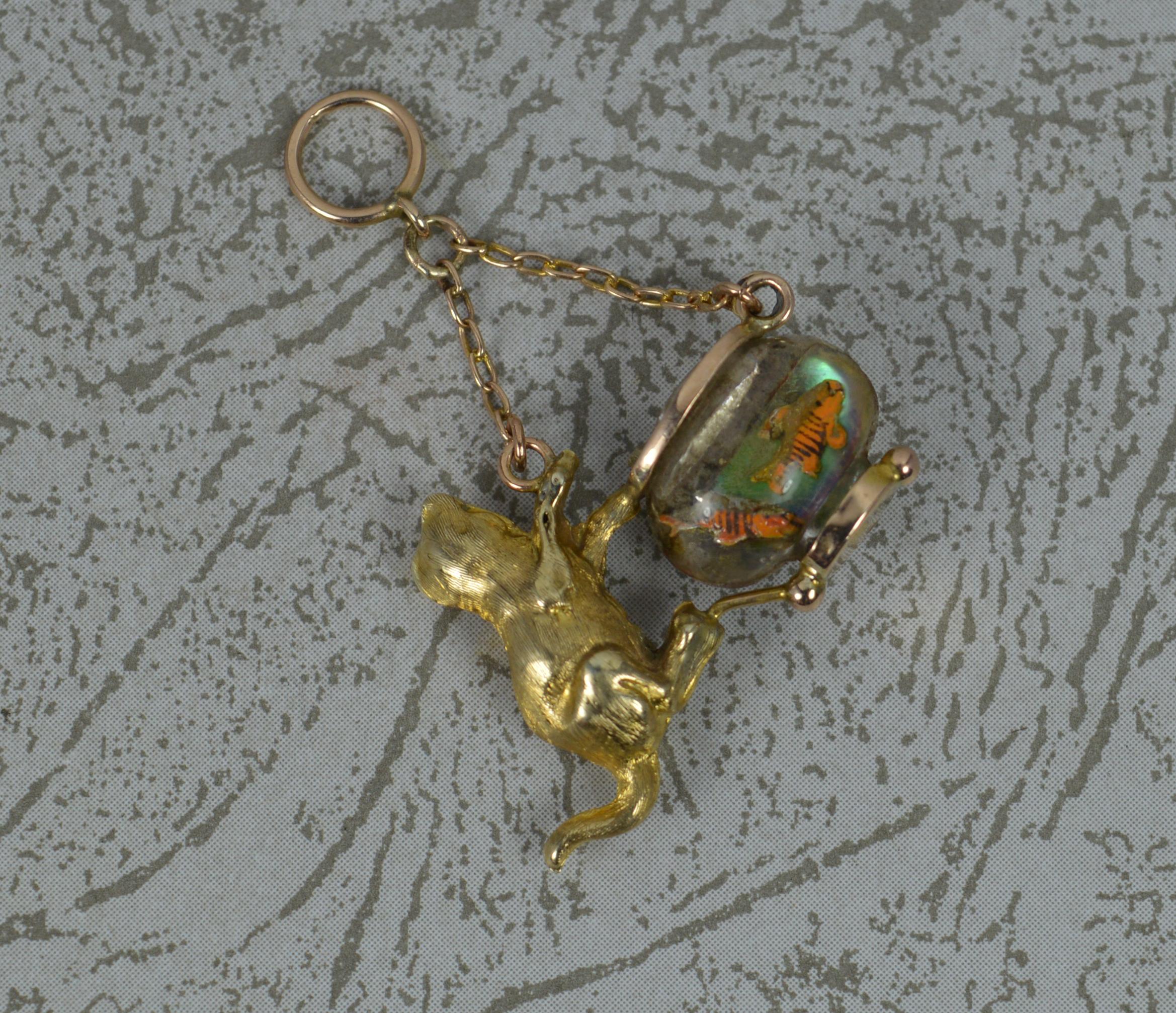 Rare Novelty 9Ct Rose Gold and Glass Cat and Fish in Bowl Charm Pendant In Good Condition In St Helens, GB