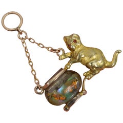 Vintage Rare Novelty 9Ct Rose Gold and Glass Cat and Fish in Bowl Charm Pendant
