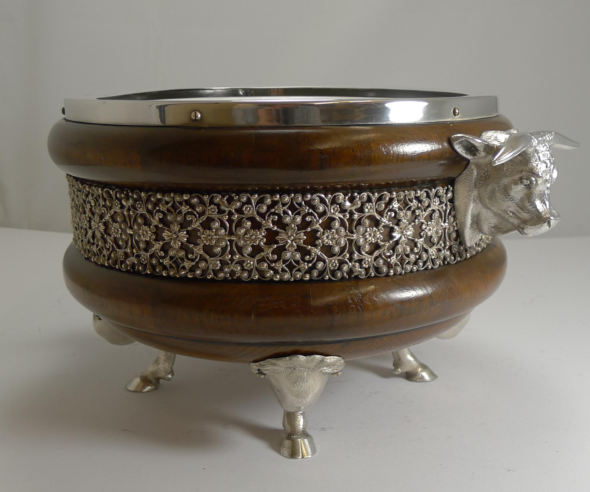 Late Victorian Rare Novelty English Figural Oak and Silver Plate Salad Bowl - Bull, 1888