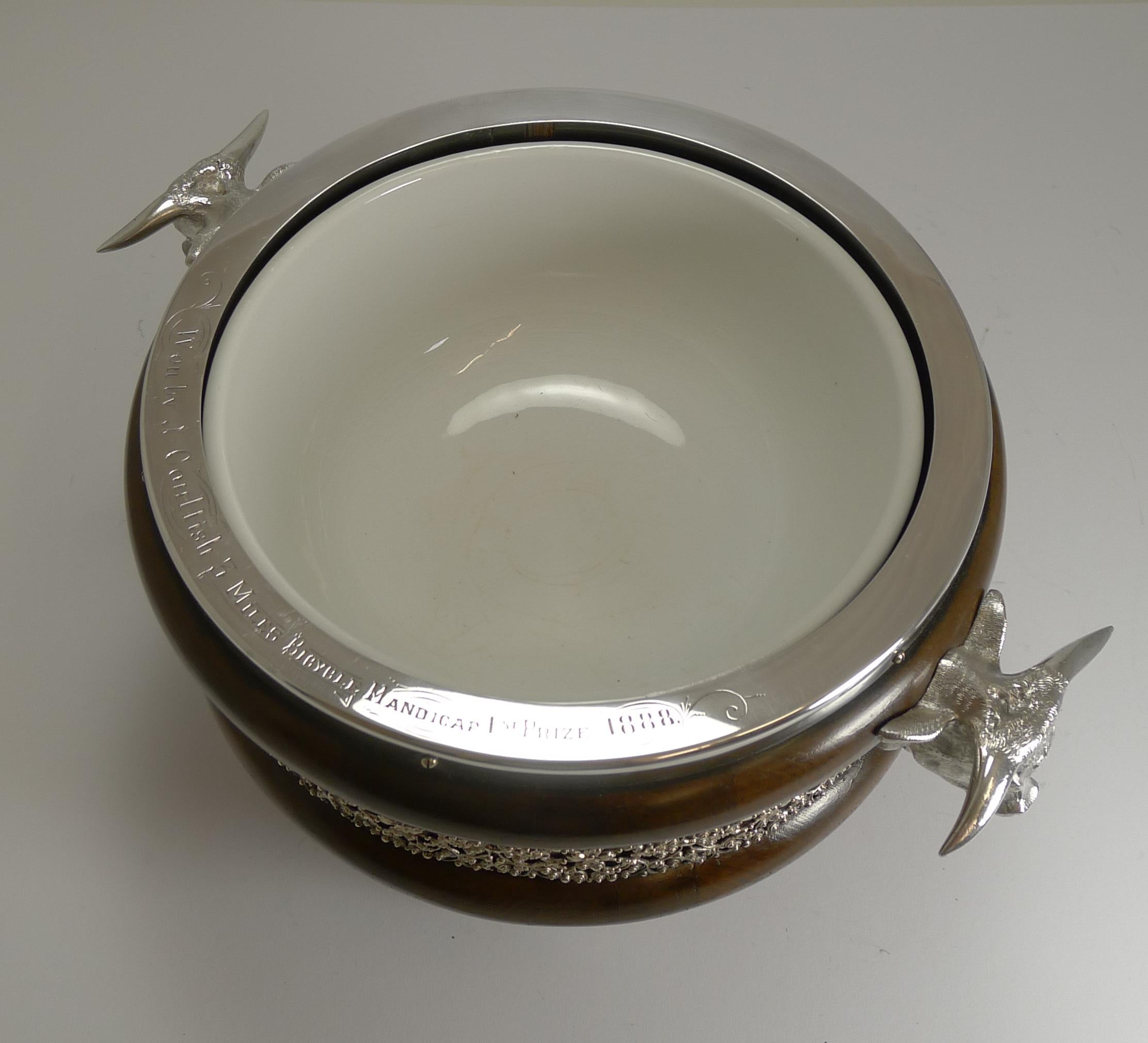 Rare Novelty English Figural Oak and Silver Plate Salad Bowl - Bull, 1888 In Good Condition In Bath, GB