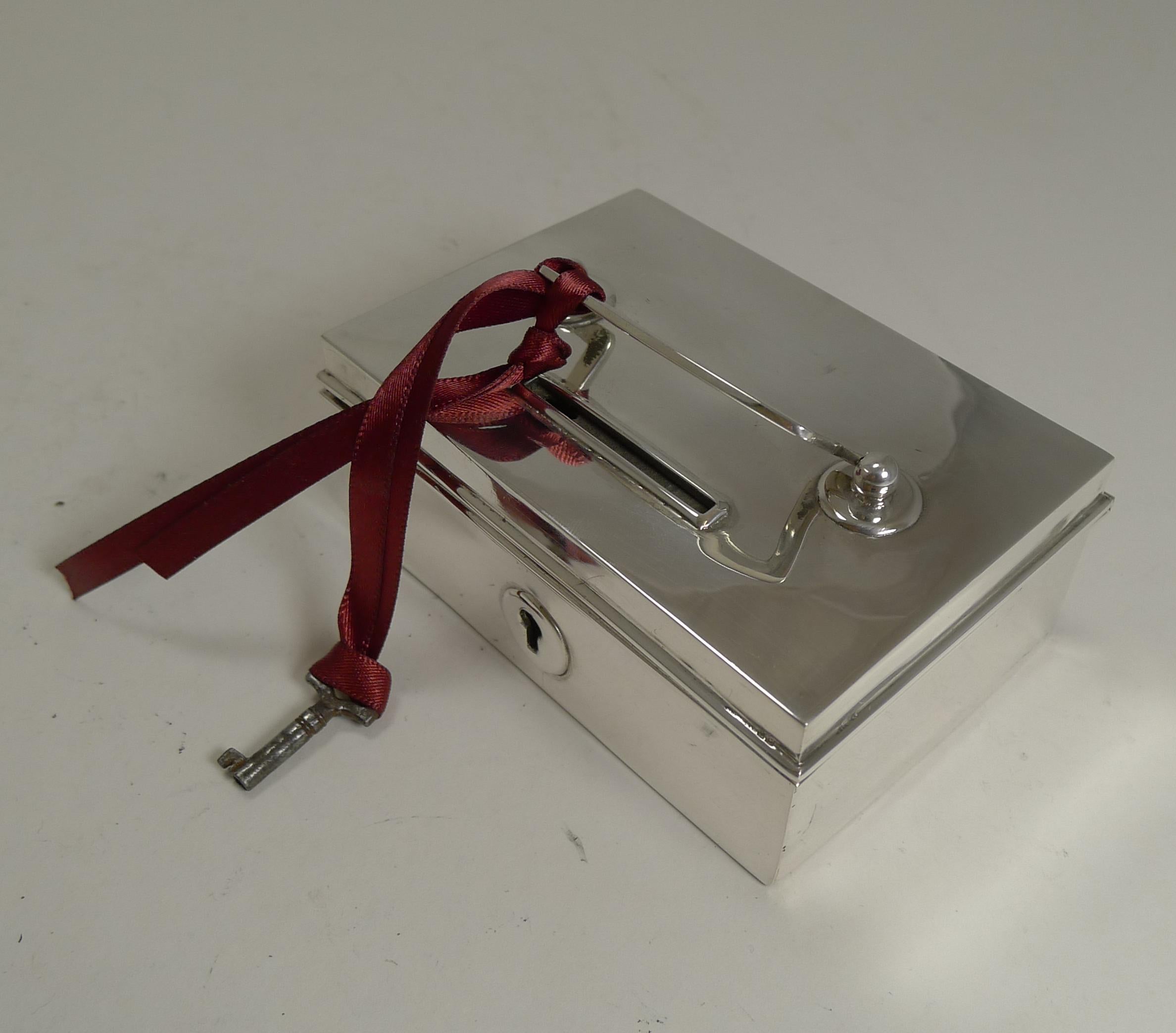 Rare Novelty English Sterling Silver Money Box / Bank, Miniature Cash Box For Sale 1