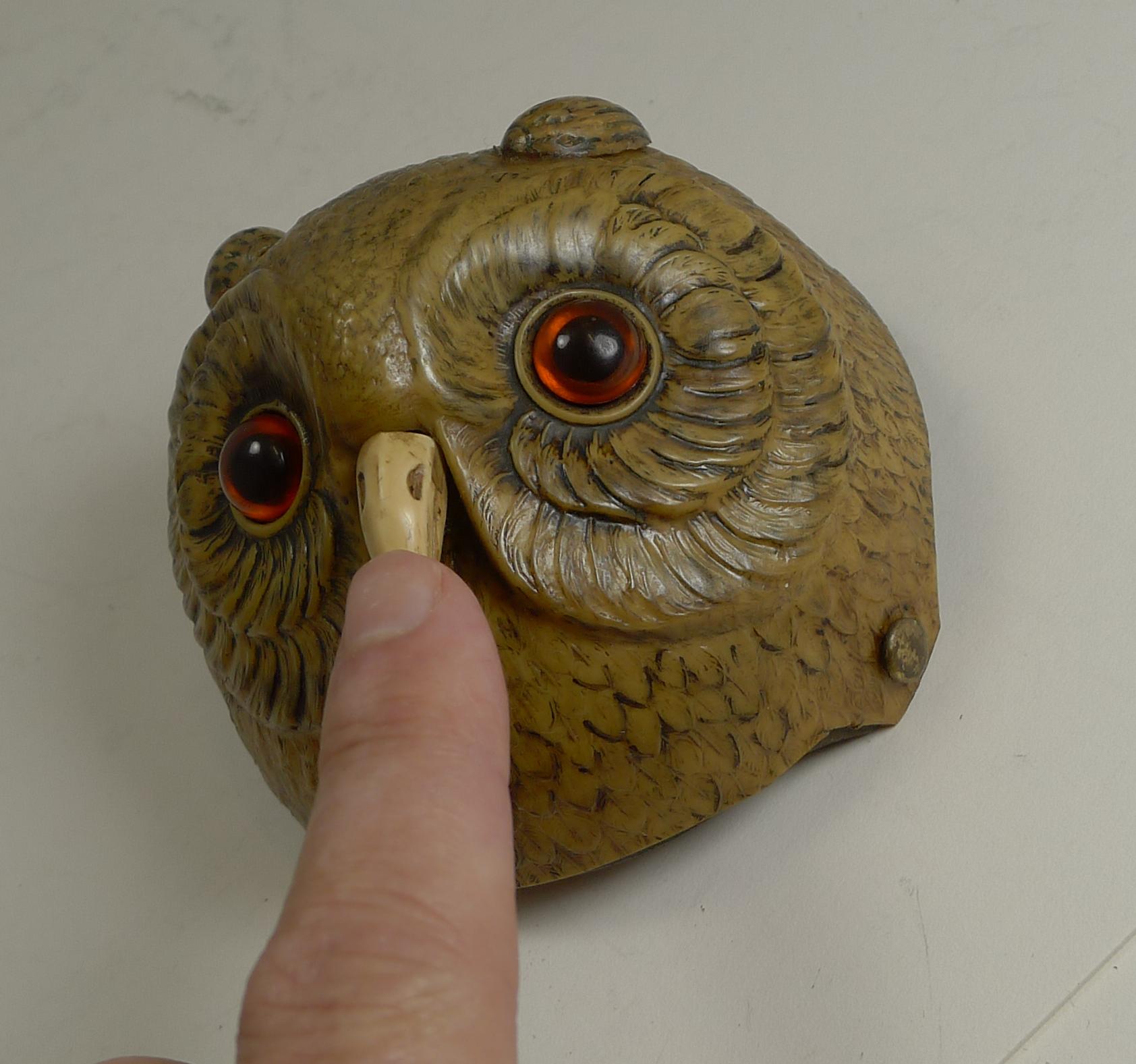 Early 20th Century Rare Novelty / Figural Mechanical Bell in Early Celluloid, circa 1900, Owl