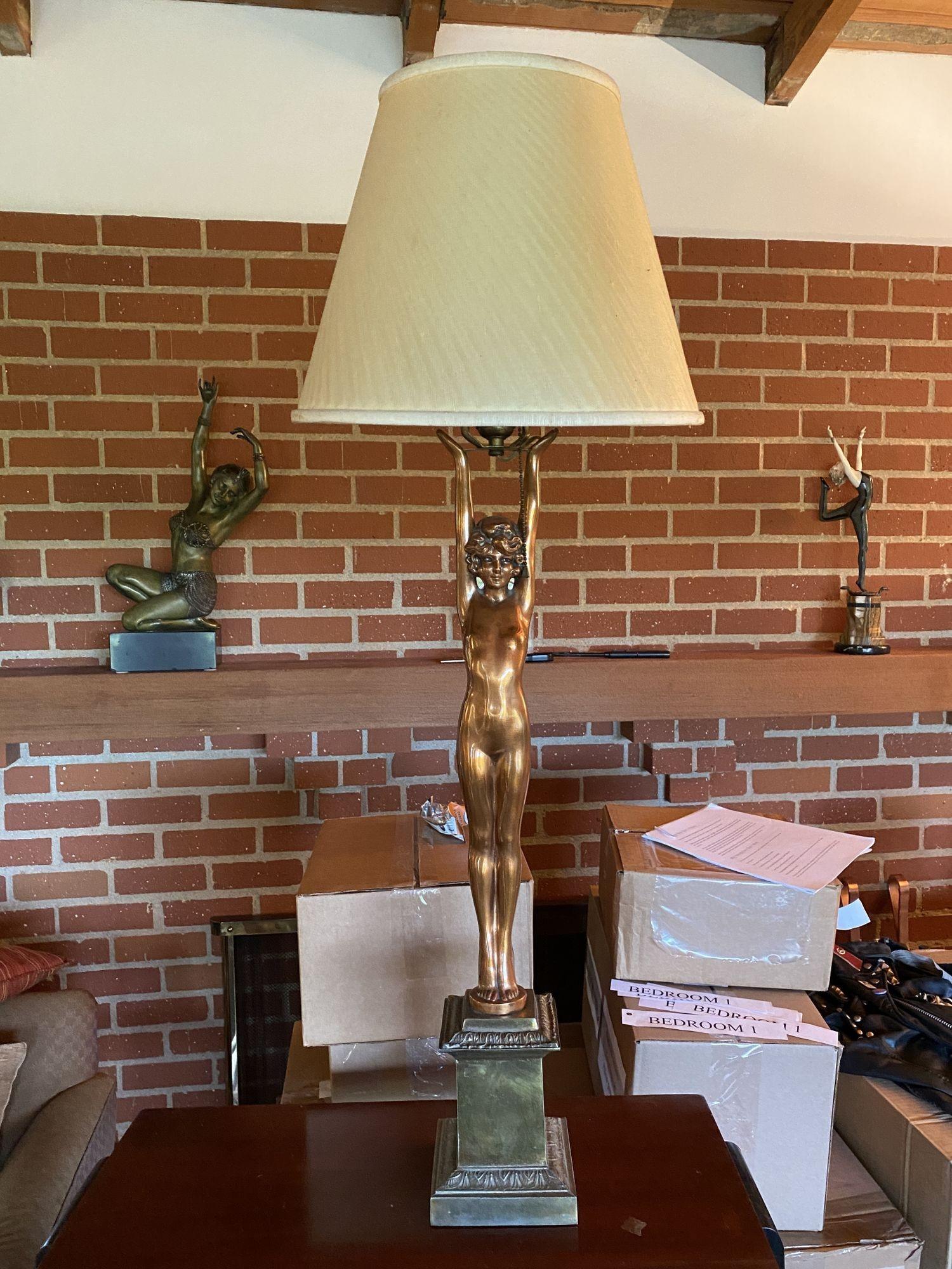 Early 20th Century Rare Nuart Bronze Standing Nude Female Accent Table Lamp, Pair