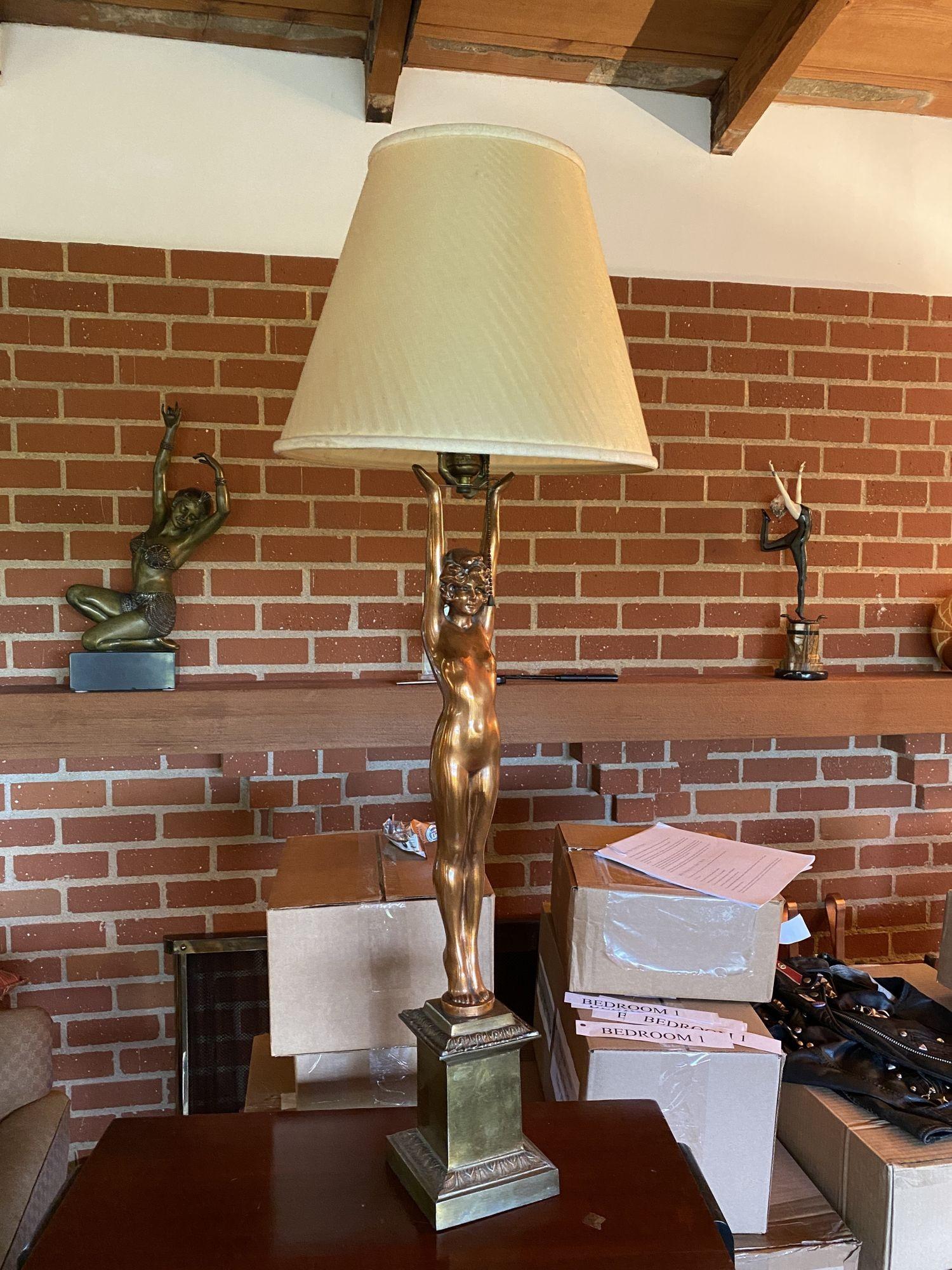 Early 20th Century Rare Nuart Bronze Standing Nude Female Accent Table Lamp, Pair