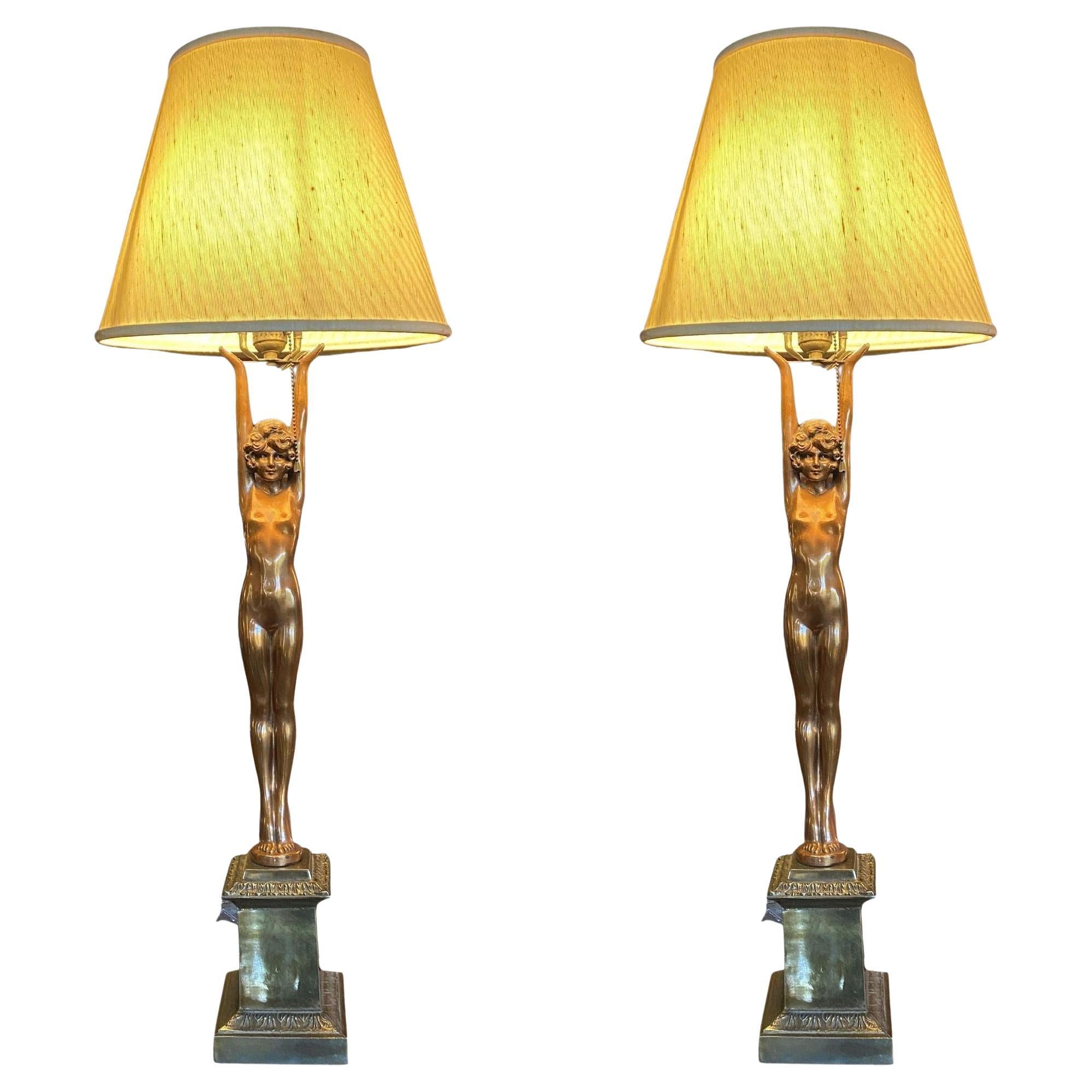 Rare Nuart Bronze Standing Nude Female Accent Table Lamp, Pair