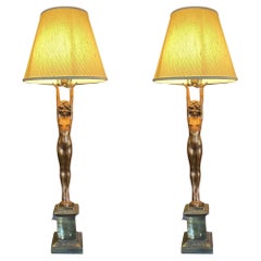 Rare Nuart Bronze Standing Nude Female Accent Table Lamp, Pair