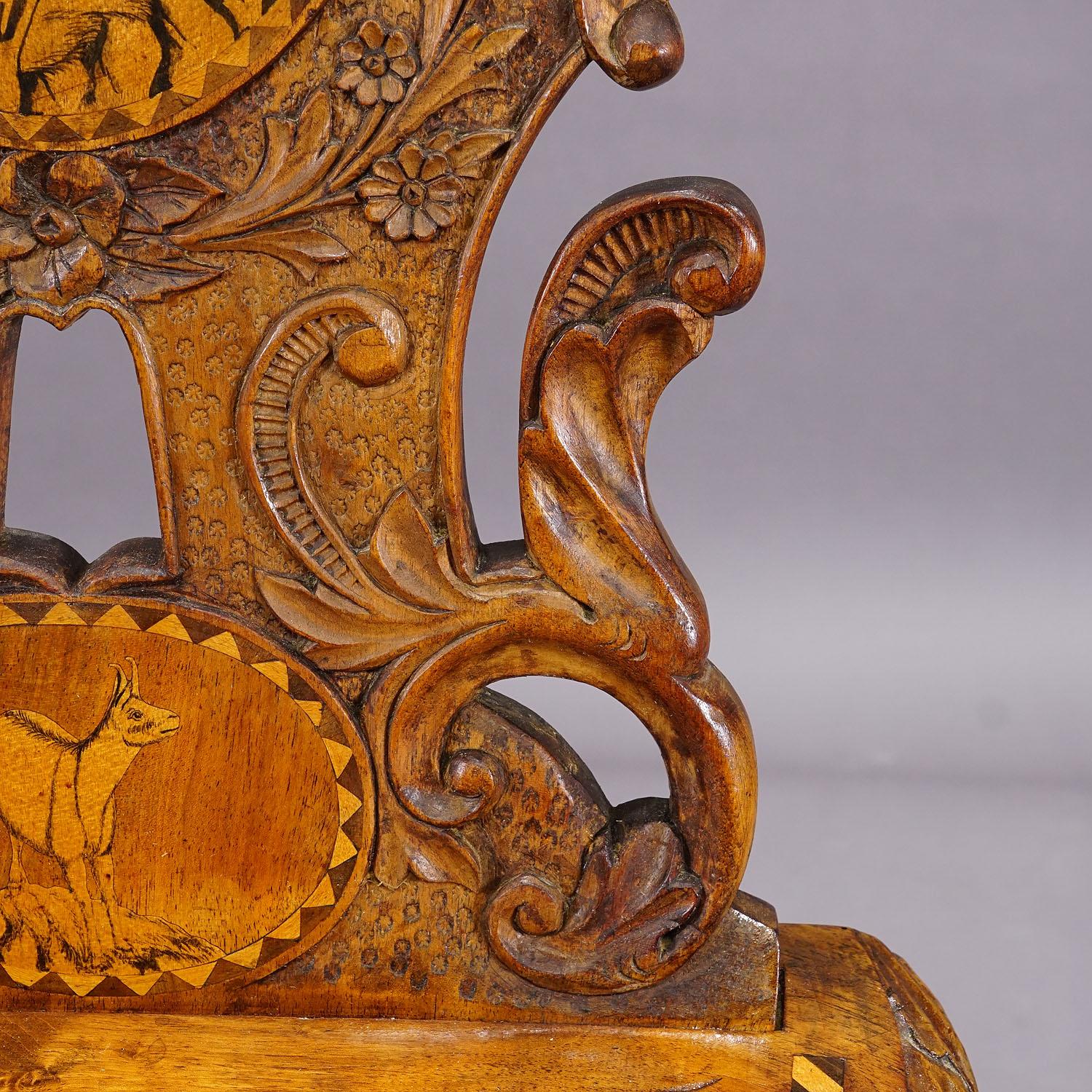 Rare Nutwood Edelweis Marquetry Chair Swiss Brienz 1900 For Sale 4
