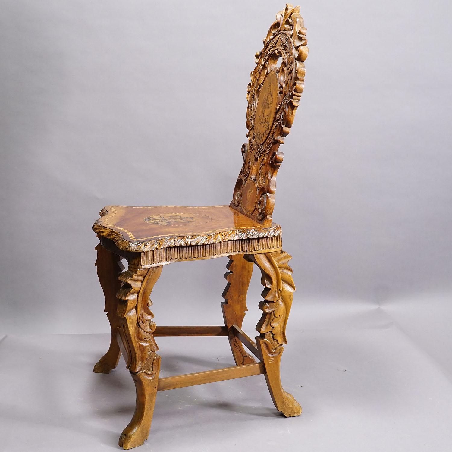 Victorian Rare Nutwood Edelweis Marquetry Chair Swiss Brienz 1900 For Sale