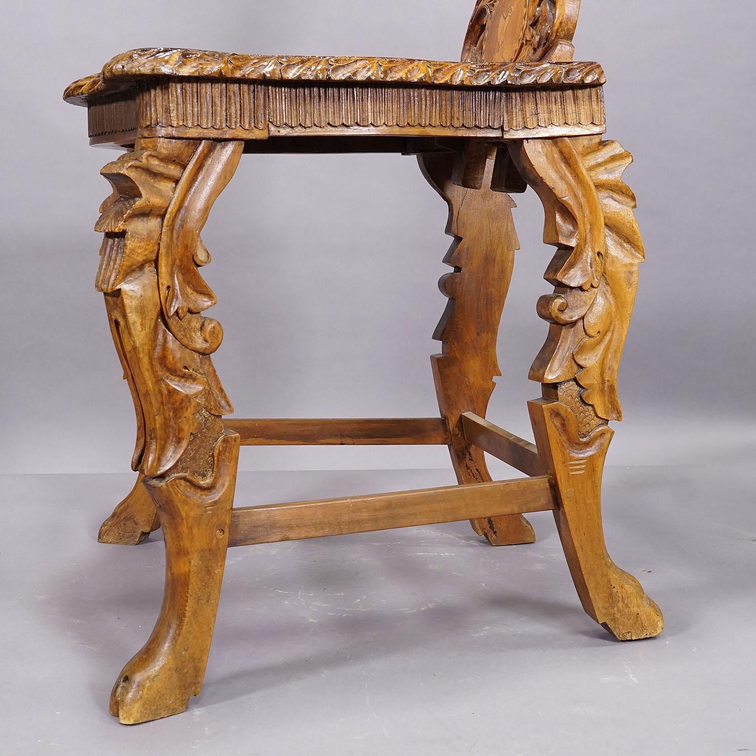 German Rare Nutwood Edelweis Marquetry Chair Swiss Brienz 1900 For Sale