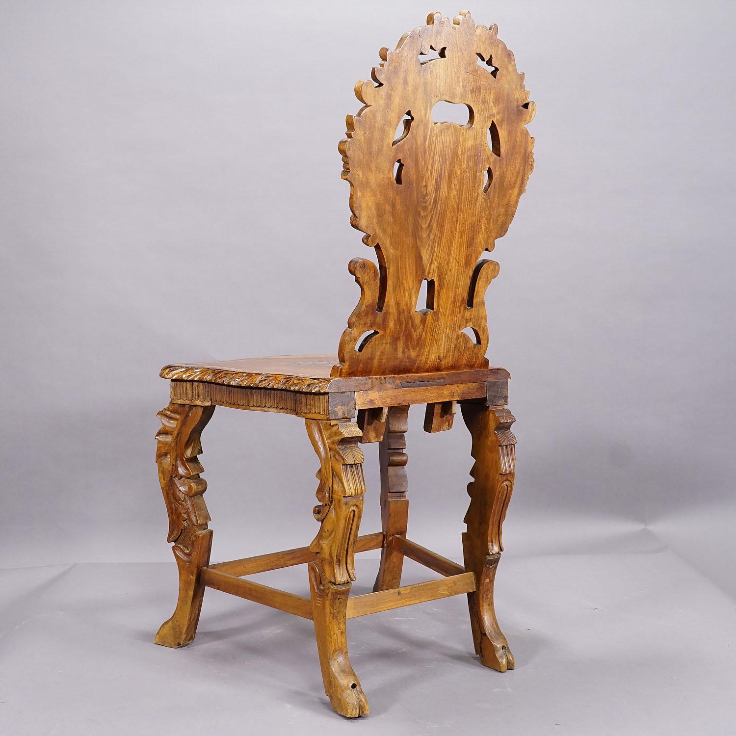 Rare Nutwood Edelweis Marquetry Chair Swiss Brienz 1900 In Good Condition For Sale In Berghuelen, DE