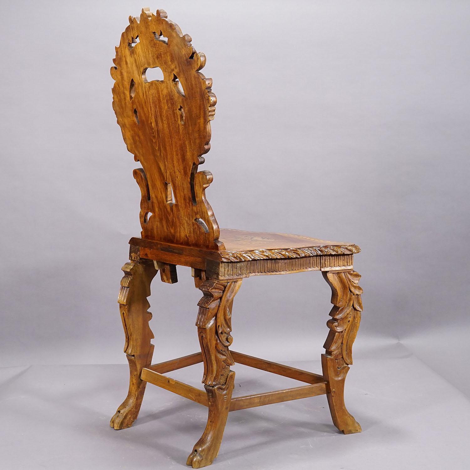 20th Century Rare Nutwood Edelweis Marquetry Chair Swiss Brienz 1900 For Sale