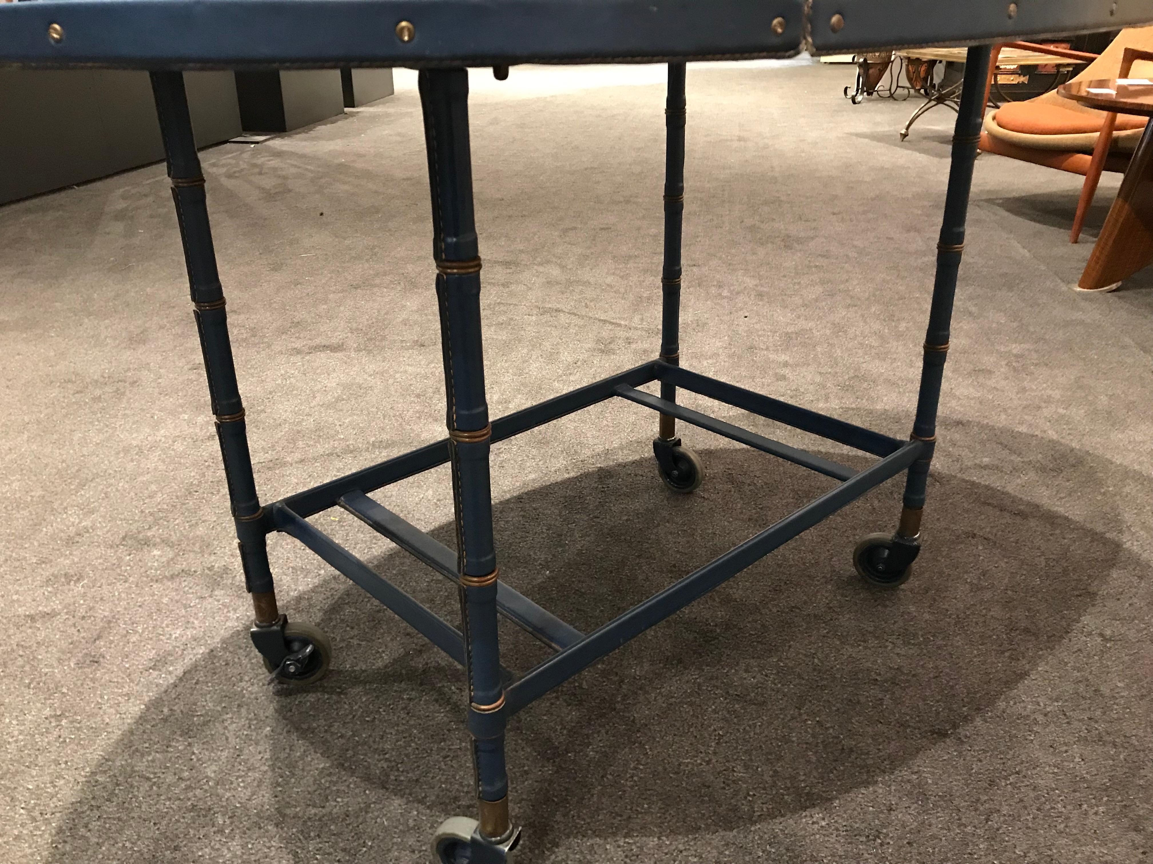 Rare Oak and Blue Stitched Leather Drop-Leaf Table / Bar Cart by Jacques Adnet For Sale 9