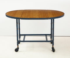 Rare Oak and Blue Stitched Leather Drop-Leaf Table / Bar Cart by Jacques Adnet