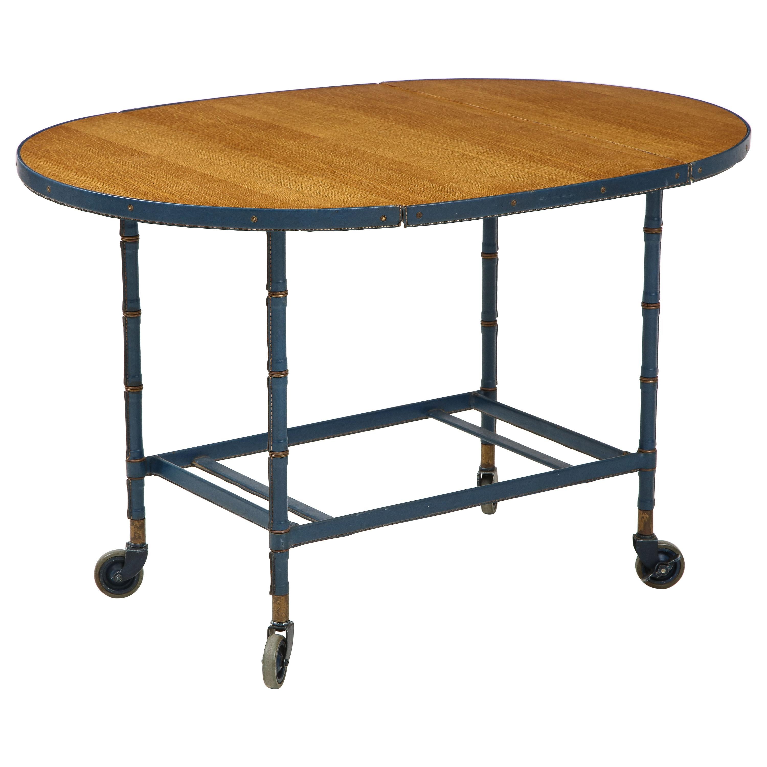 Rare Oak and Blue Stitched Leather Drop-Leaf Table / Bar Cart by Jacques Adnet For Sale