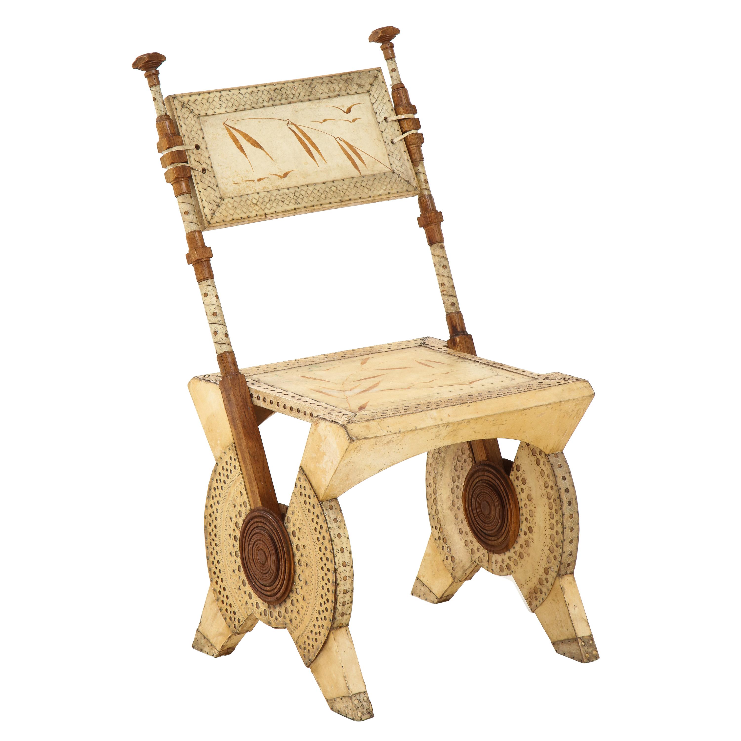 Rare Oak and Parchment Chair by Carlo Bugatti