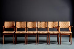 Rare Oak Jens Risom Set of six Webbed Knoll Chairs in Leather Webbing, France