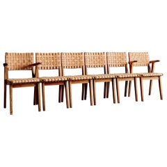 Rare Oak Jens Risom Set of six Webbed Knoll Chairs in Leather Webbing, France